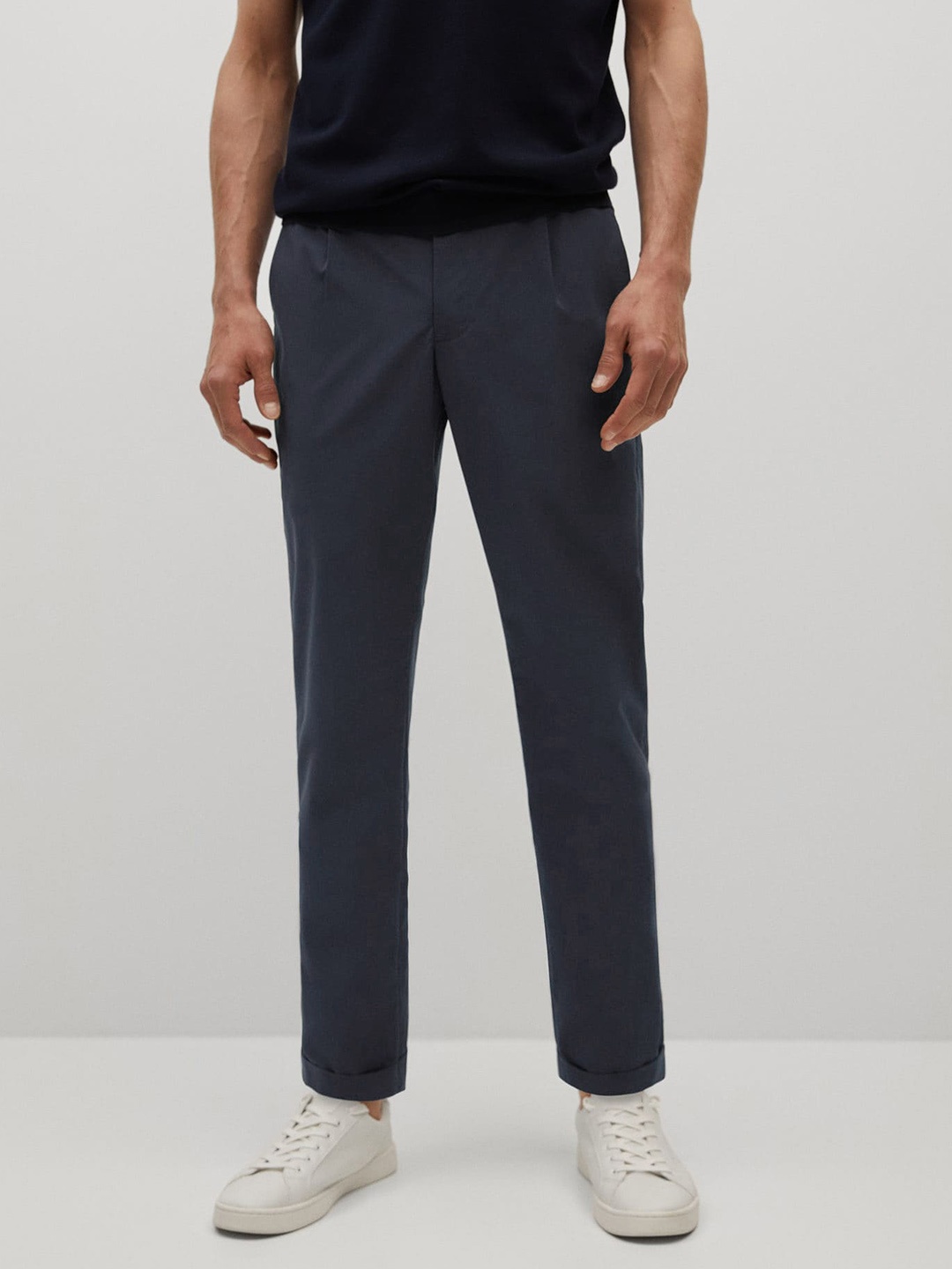 

MANGO MAN Men Navy Blue Striped Pleated Trousers
