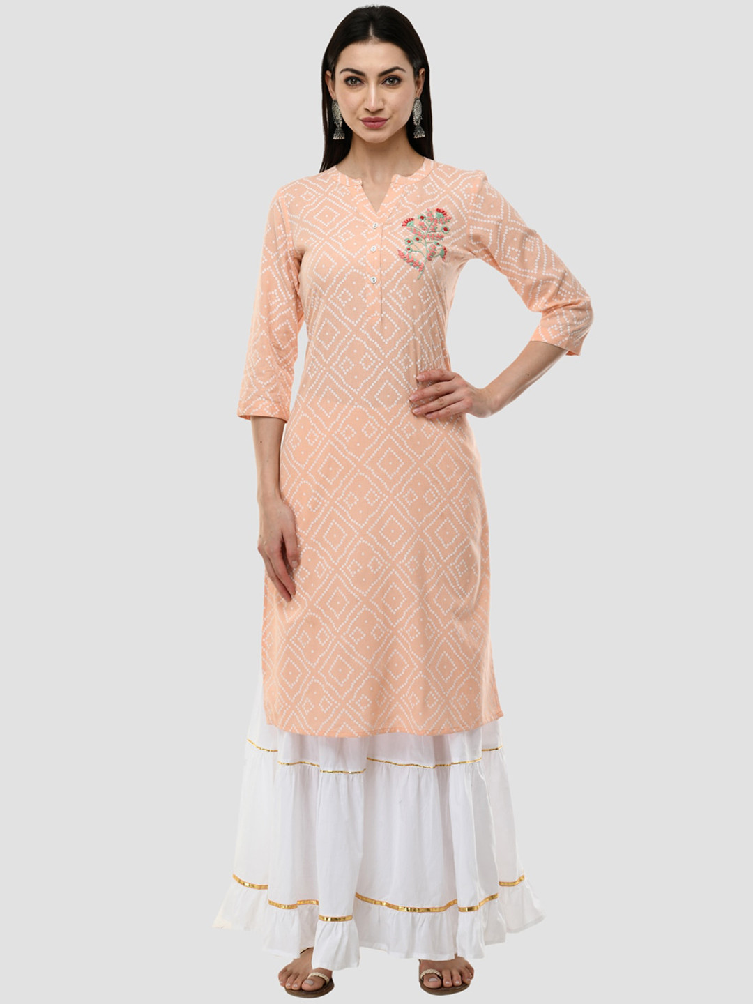 

HERE&NOW Women Orange & White Geometric Printed Thread Work Floral Pure Cotton Kurta