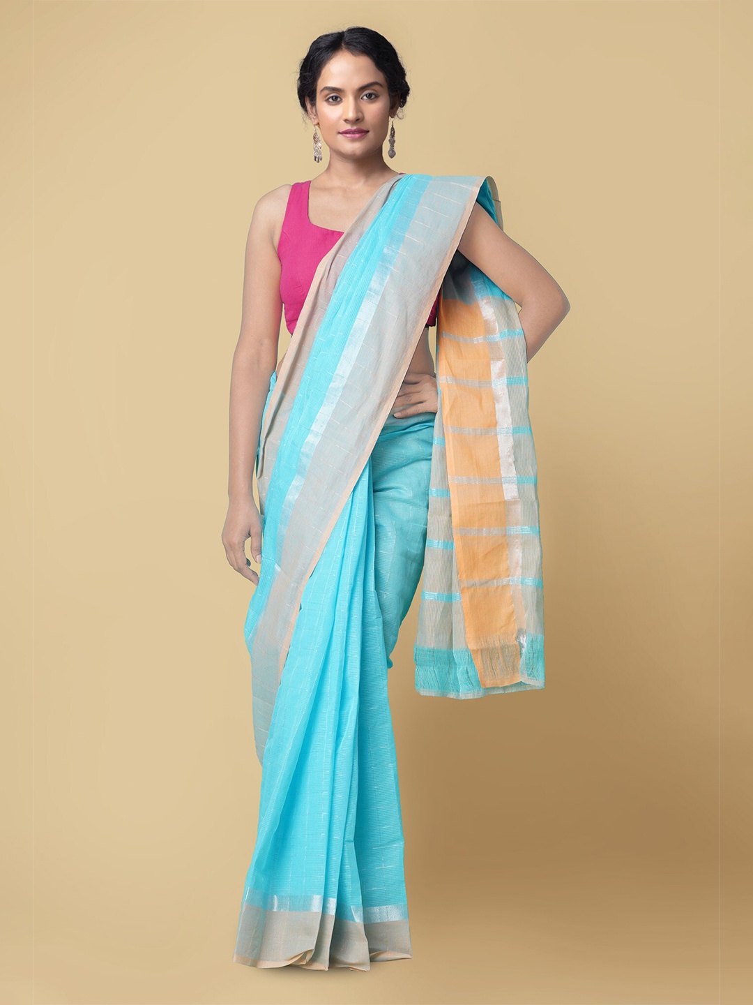 

Unnati Silks Women Blue & Silver-Toned Pure Pavani Mangalagiri Cotton Saree