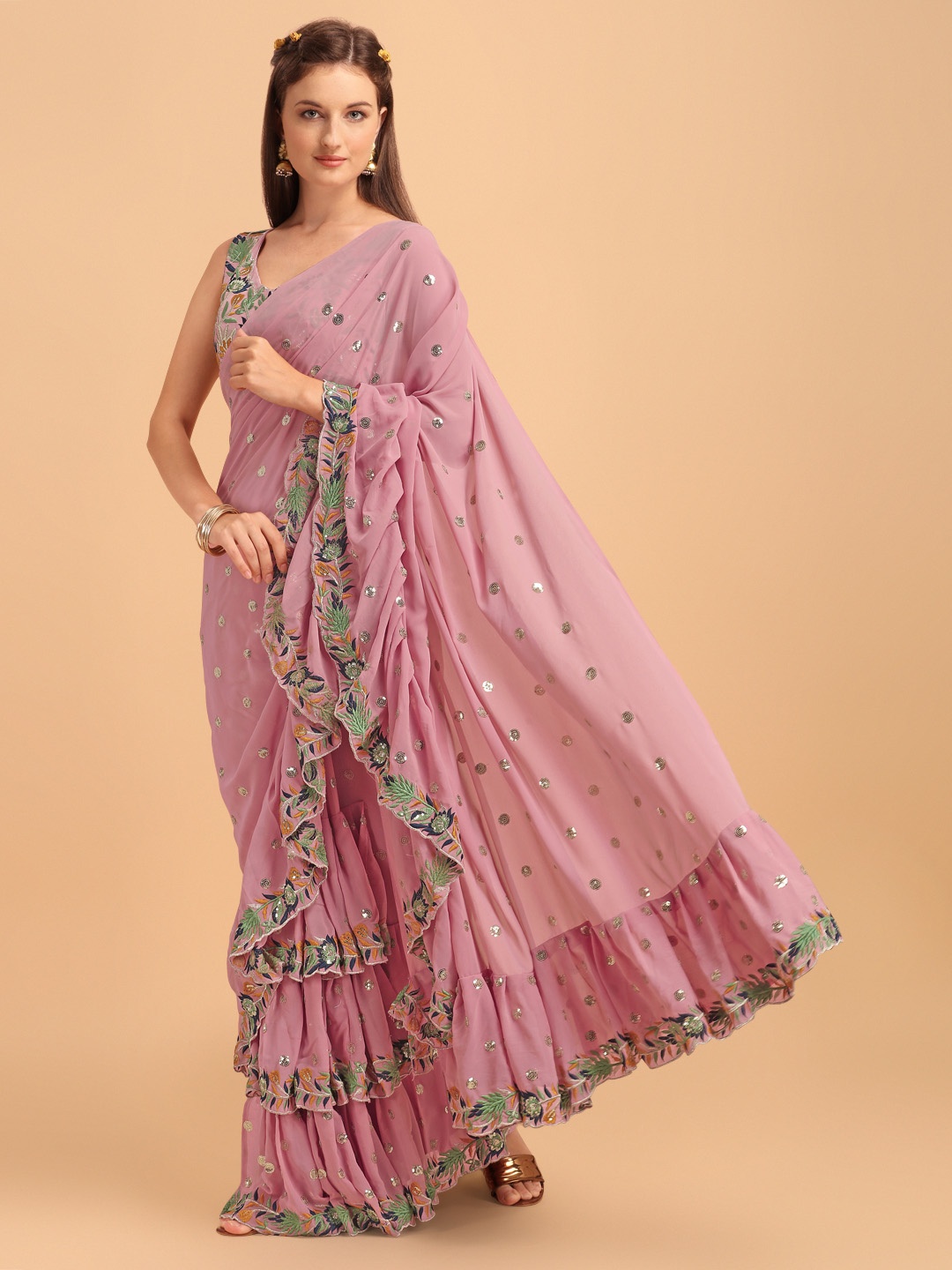 

JATRIQQ Pink & Green Embellished Embroidered Ruffles Pure Georgette Saree