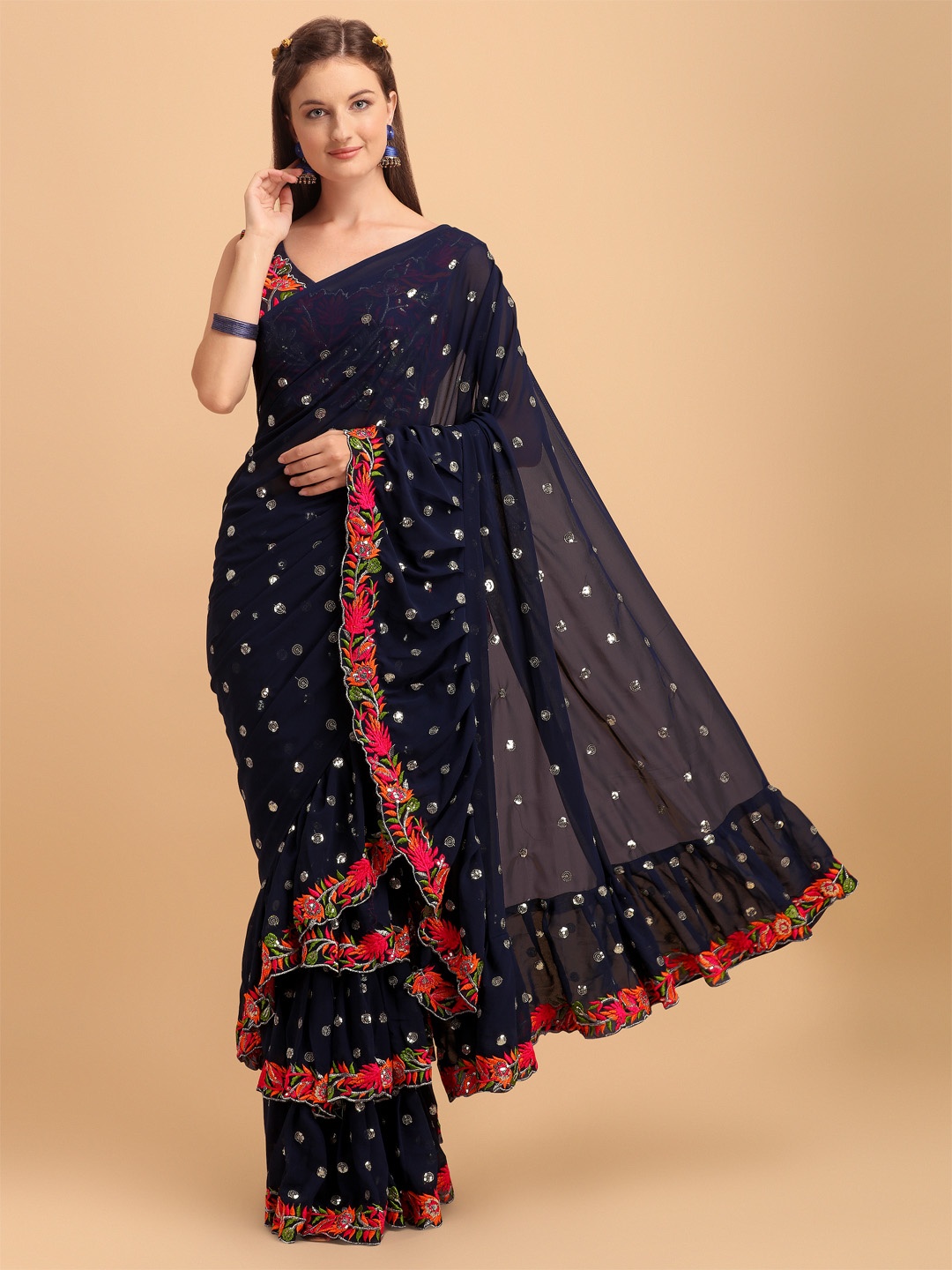 

JATRIQQ Navy Blue & Red Embellished Embroidered Ruffles Pure Georgette Saree