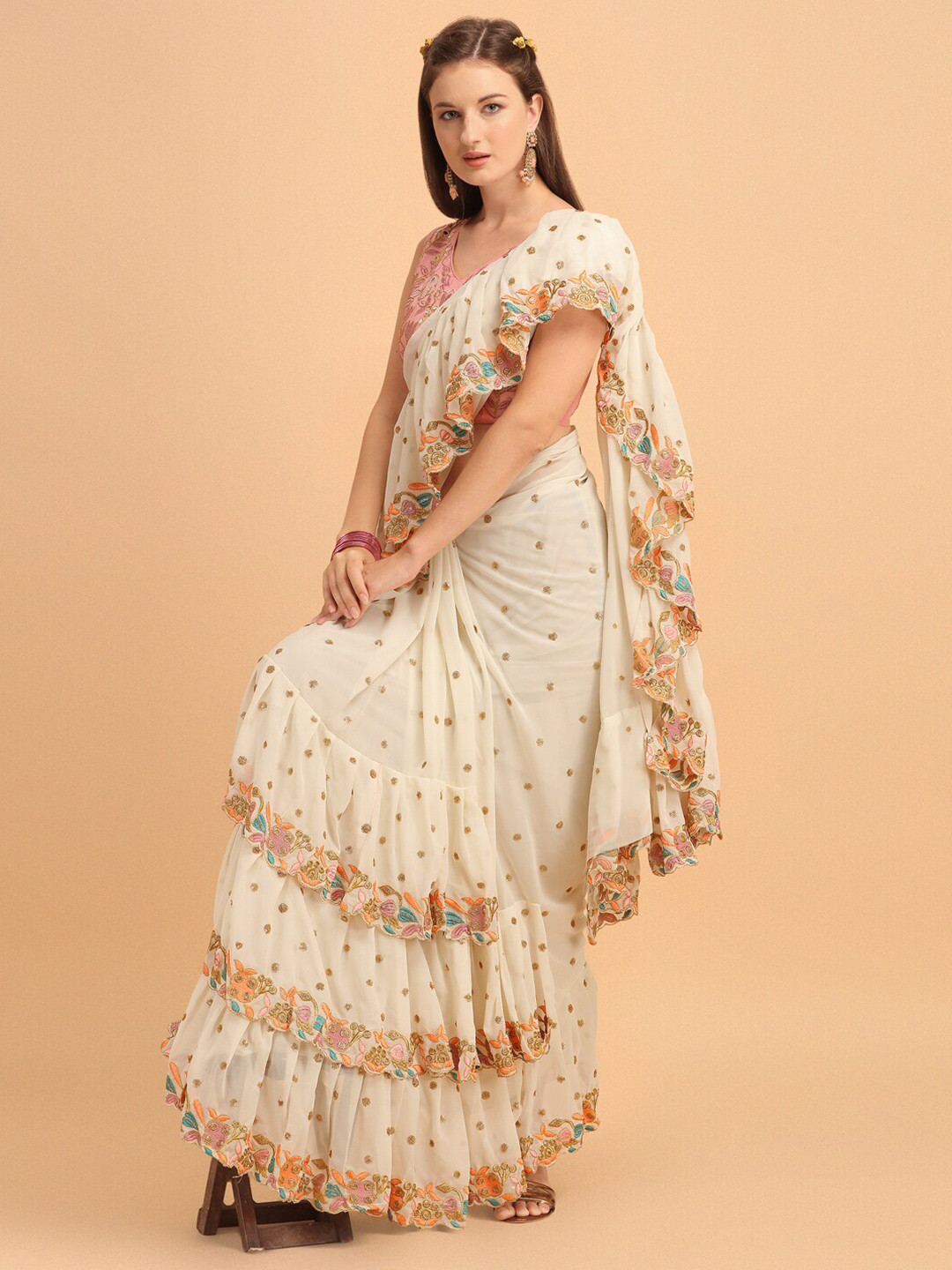 

JATRIQQ Off White & Pink Embellished Ruffles Pure Georgette Saree