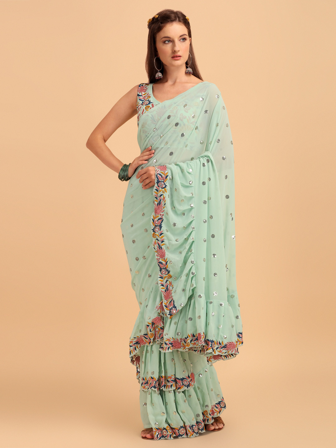 

JATRIQQ Sea Green & Brown Embellished Embroidered Ruffles Pure Georgette Saree