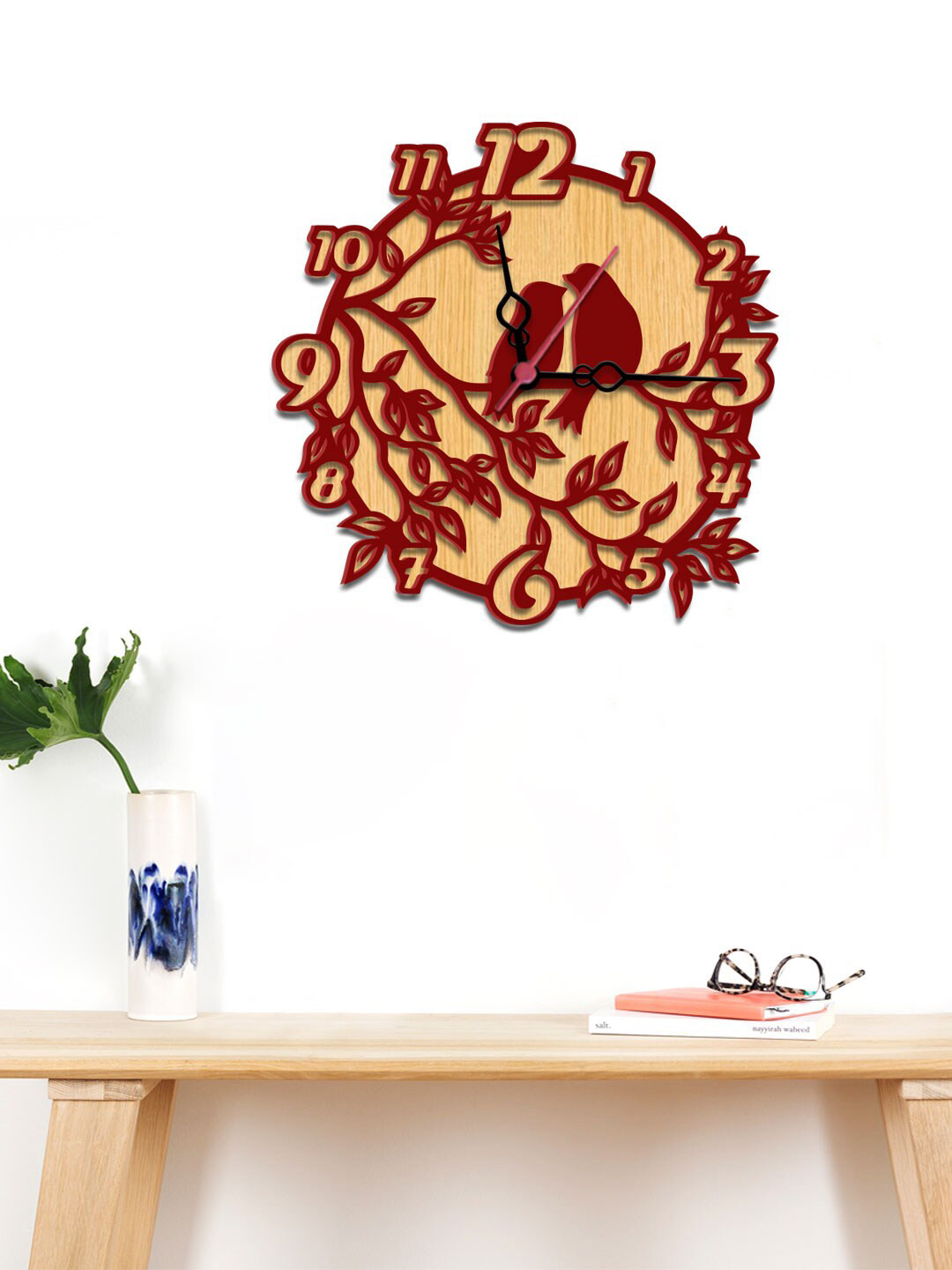 

WALLMANTRA Brown & Beige Beautiful Romantic Birds Dual Layer Wooden Wall Clock