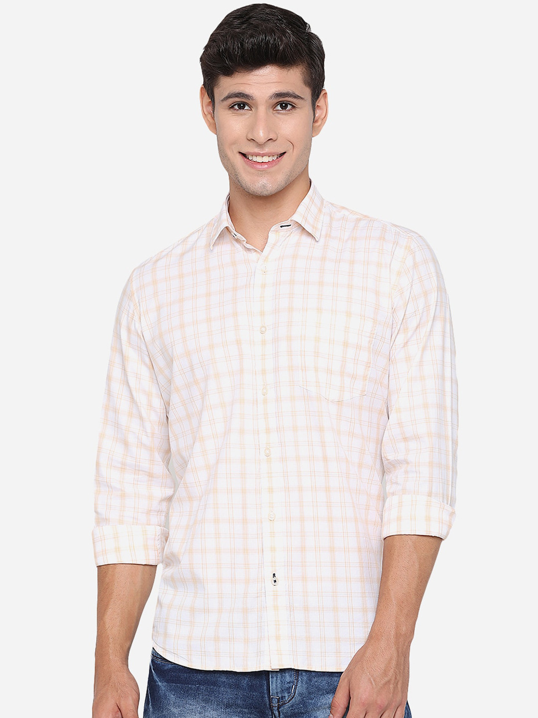

JADE BLUE Men Cream-Coloured & White Slim Fit Opaque Checked Pure Cotton Casual Shirt