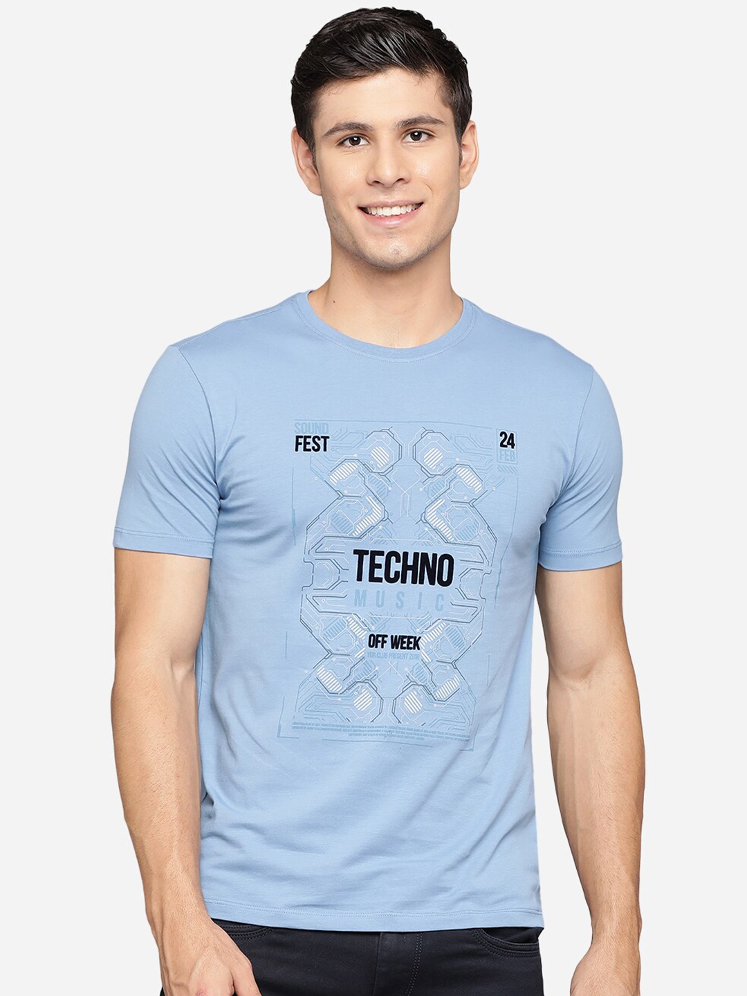 

JADE BLUE Men Blue Typography Printed Pure Cotton Slim Fit Pure Cotton T-shirt