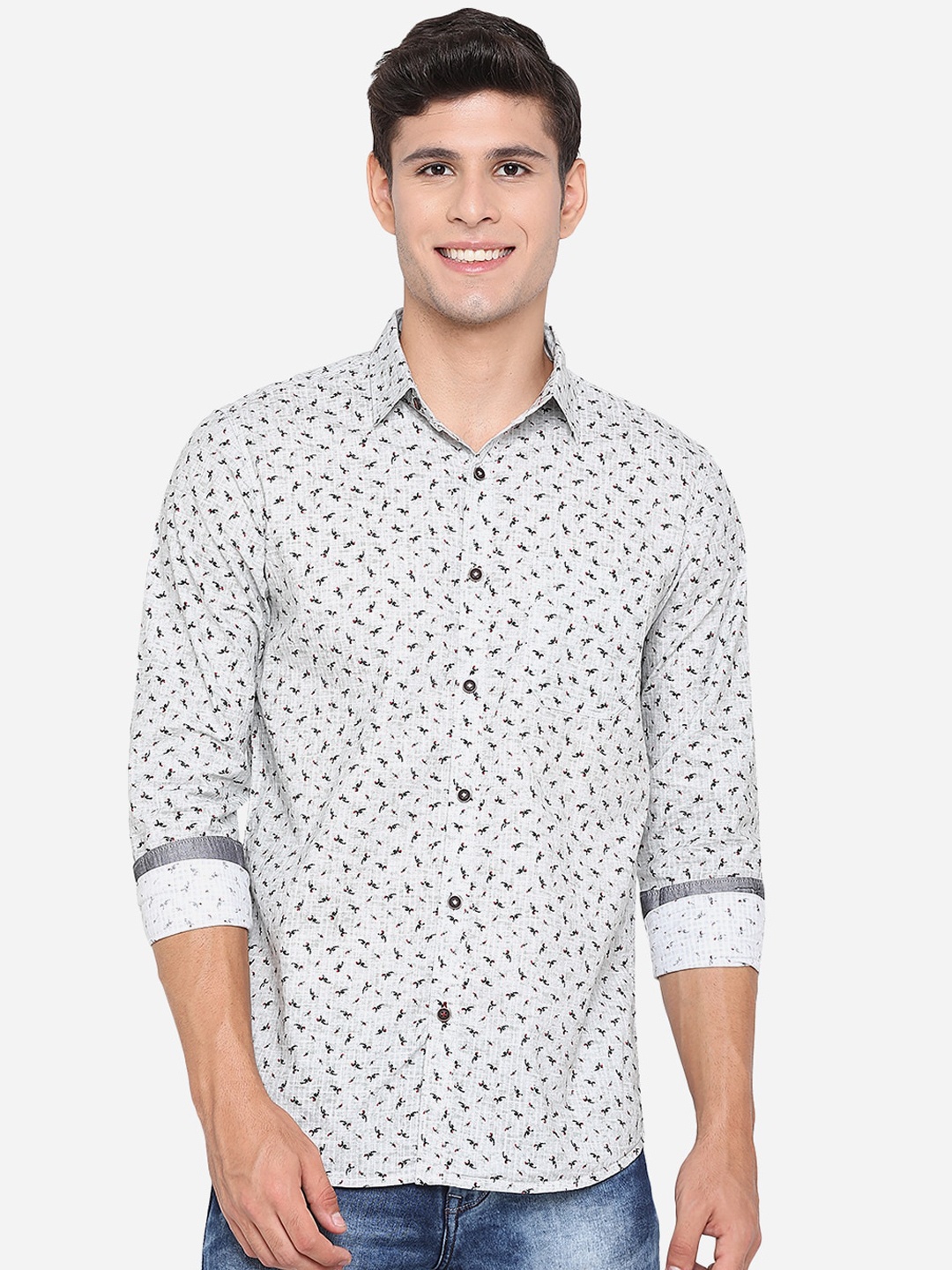 

JADE BLUE Men Blue & Grey Slim Fit Opaque Printed Pure Cotton Casual Shirt