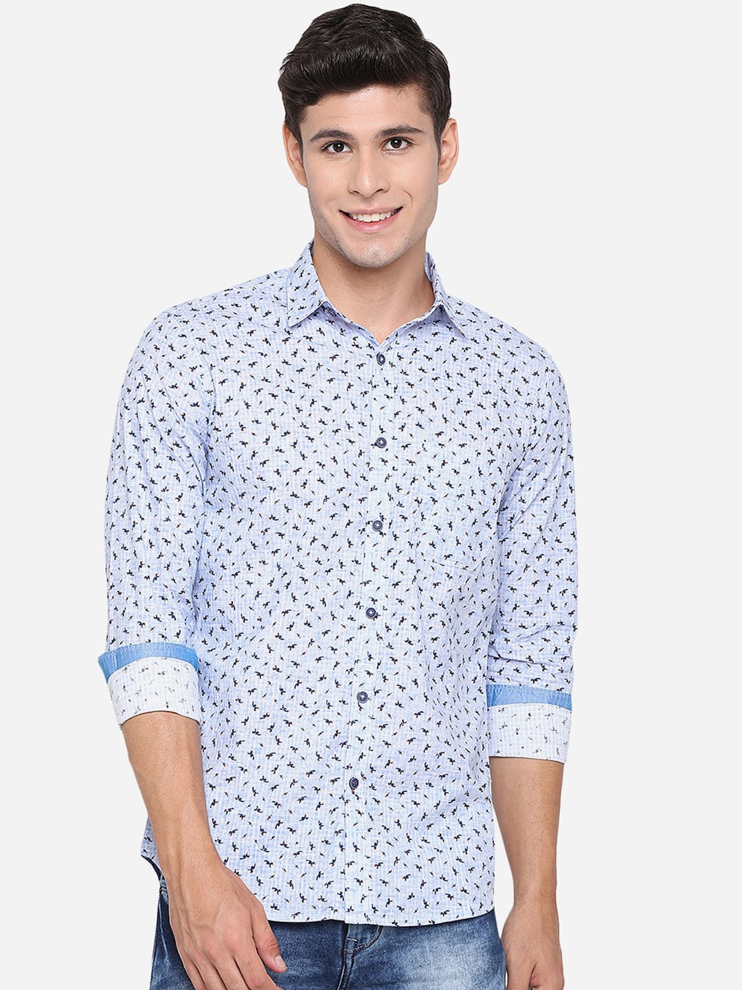 

JADE BLUE Men Blue & White Slim Fit Opaque Printed Pure Cotton Casual Shirt