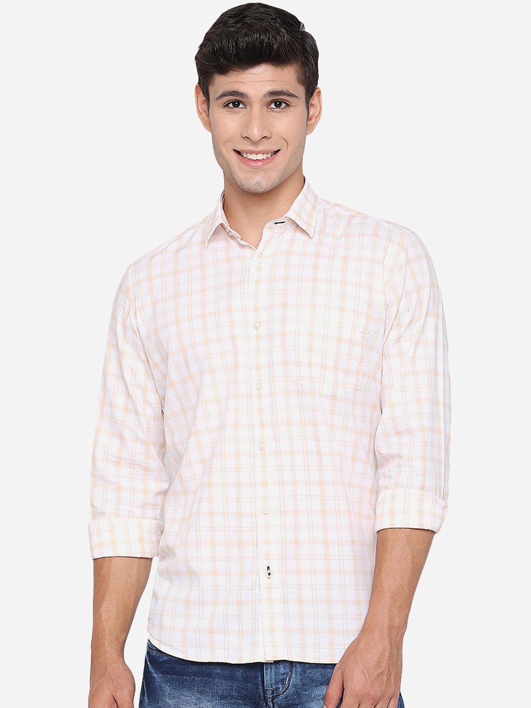 

JADE BLUE Men Cream-Coloured Slim Fit Opaque Checked Pure Cotton Casual Shirt