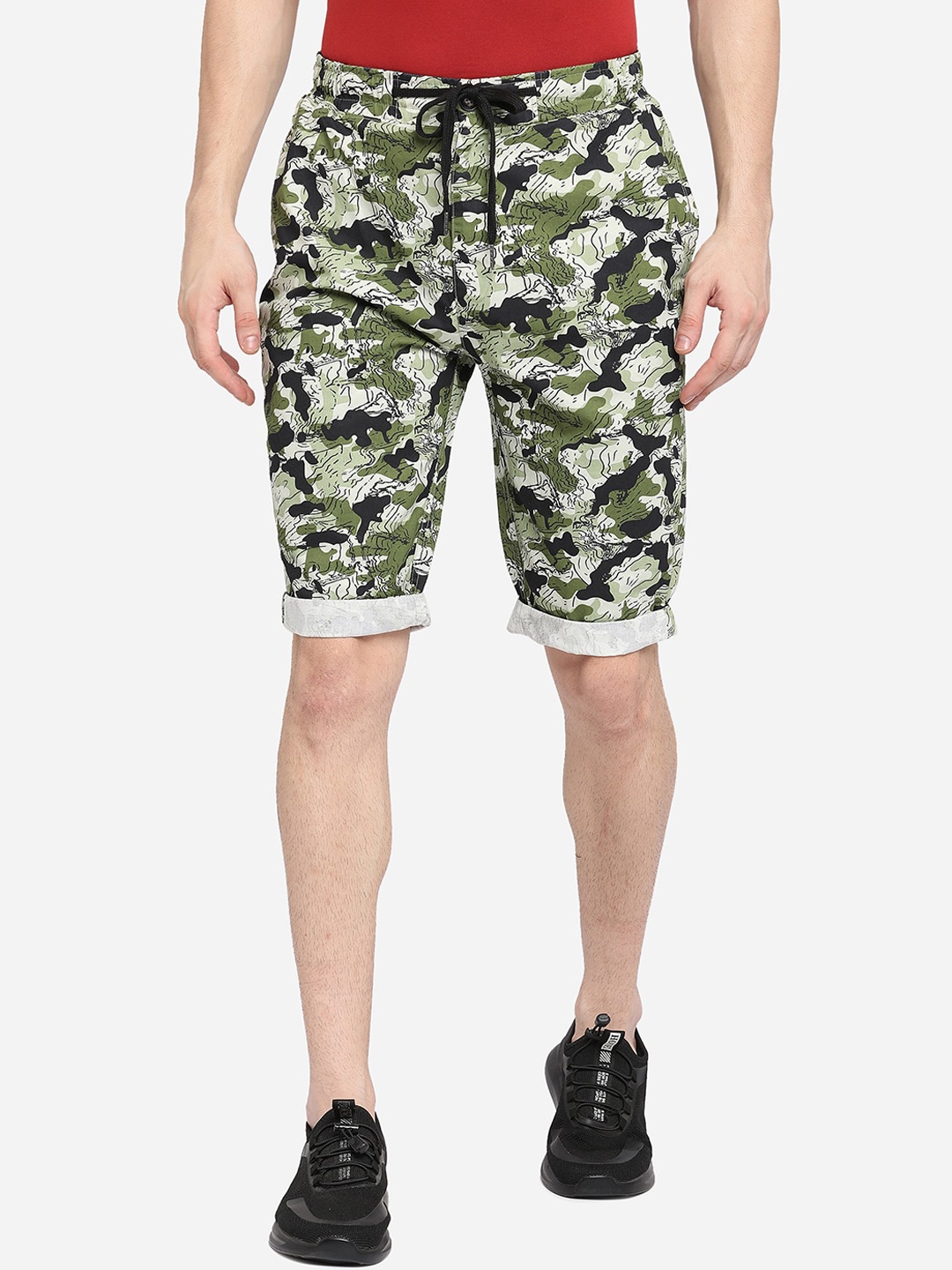 

JADE BLUE Men Green Camouflage Printed Slim Fit Pure Cotton Regular Shorts