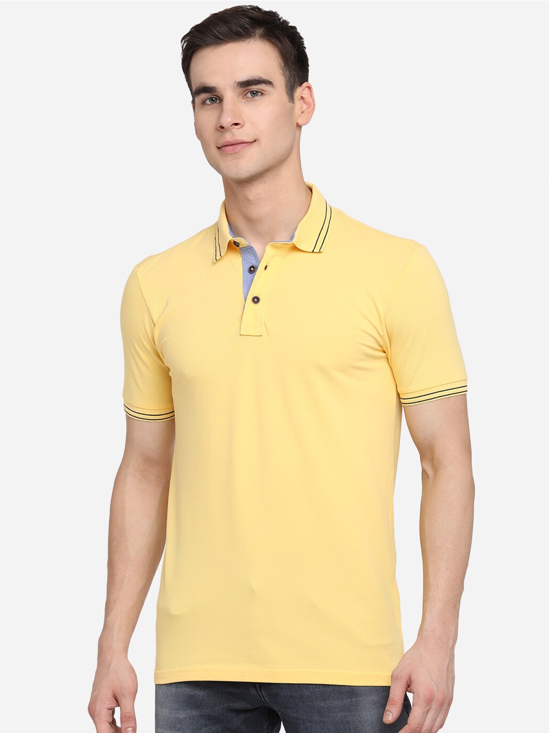 

JADE BLUE Men Yellow Polo Collar Pure Cotton Slim Fit Pure Cotton T-shirt