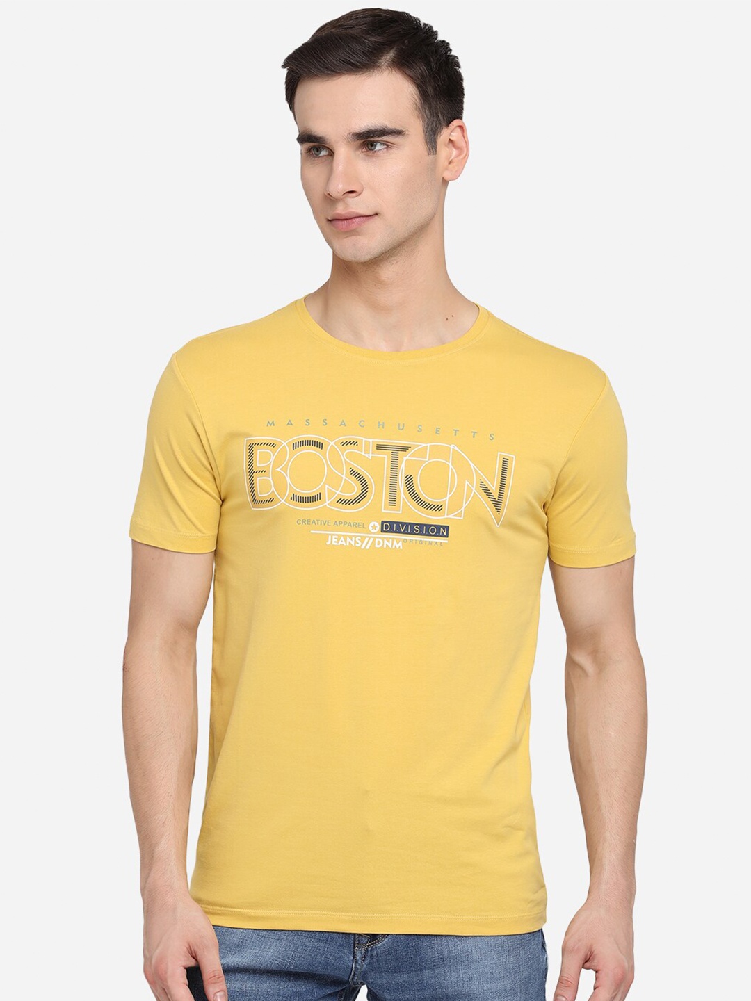 

JADE BLUE Men Yellow Typography Printed Slim Fit Pure Cotton T-shirt