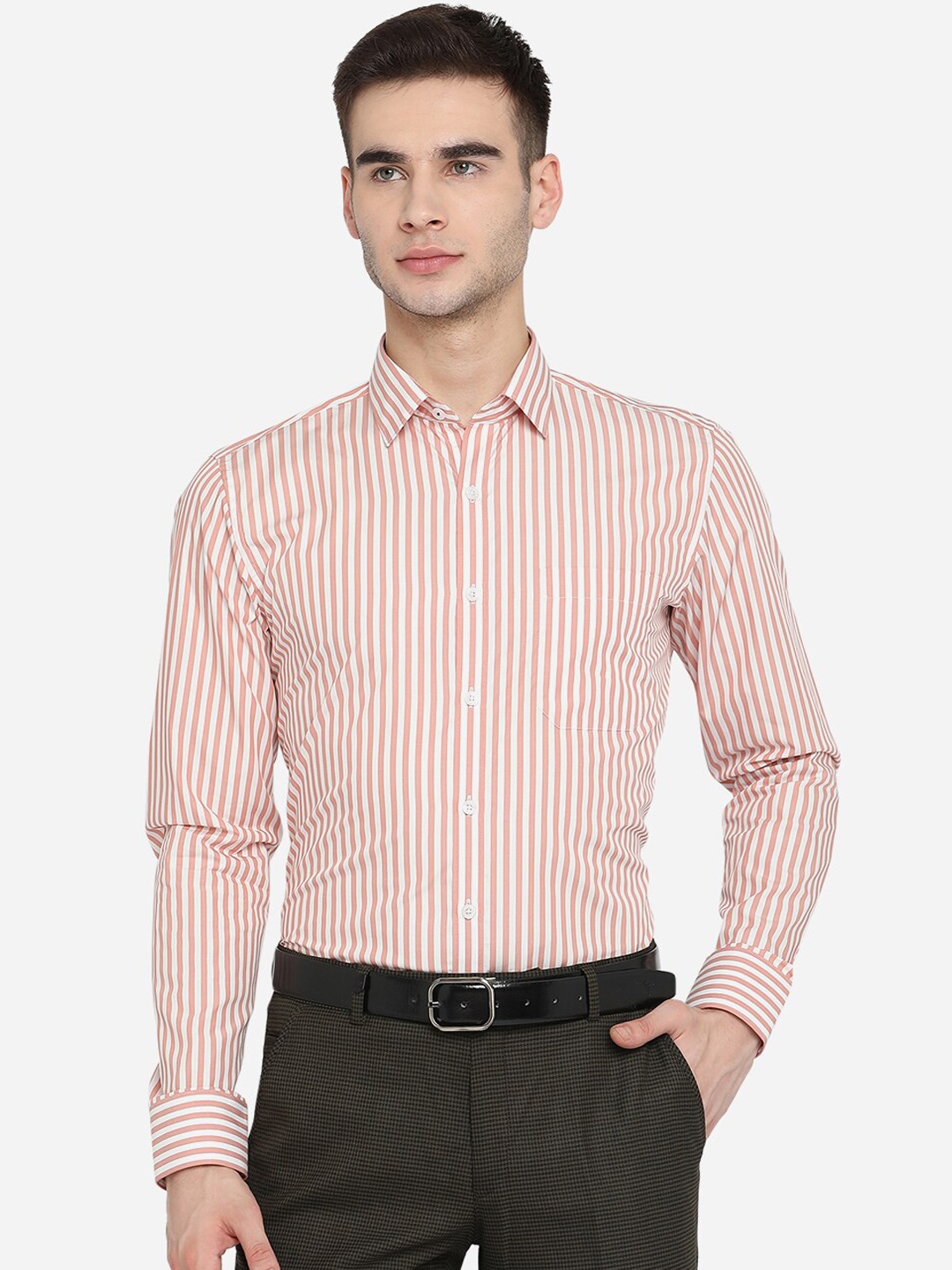 

JADE BLUE Men Orange & White Slim Fit Opaque Striped Premium Cotton Formal Shirt