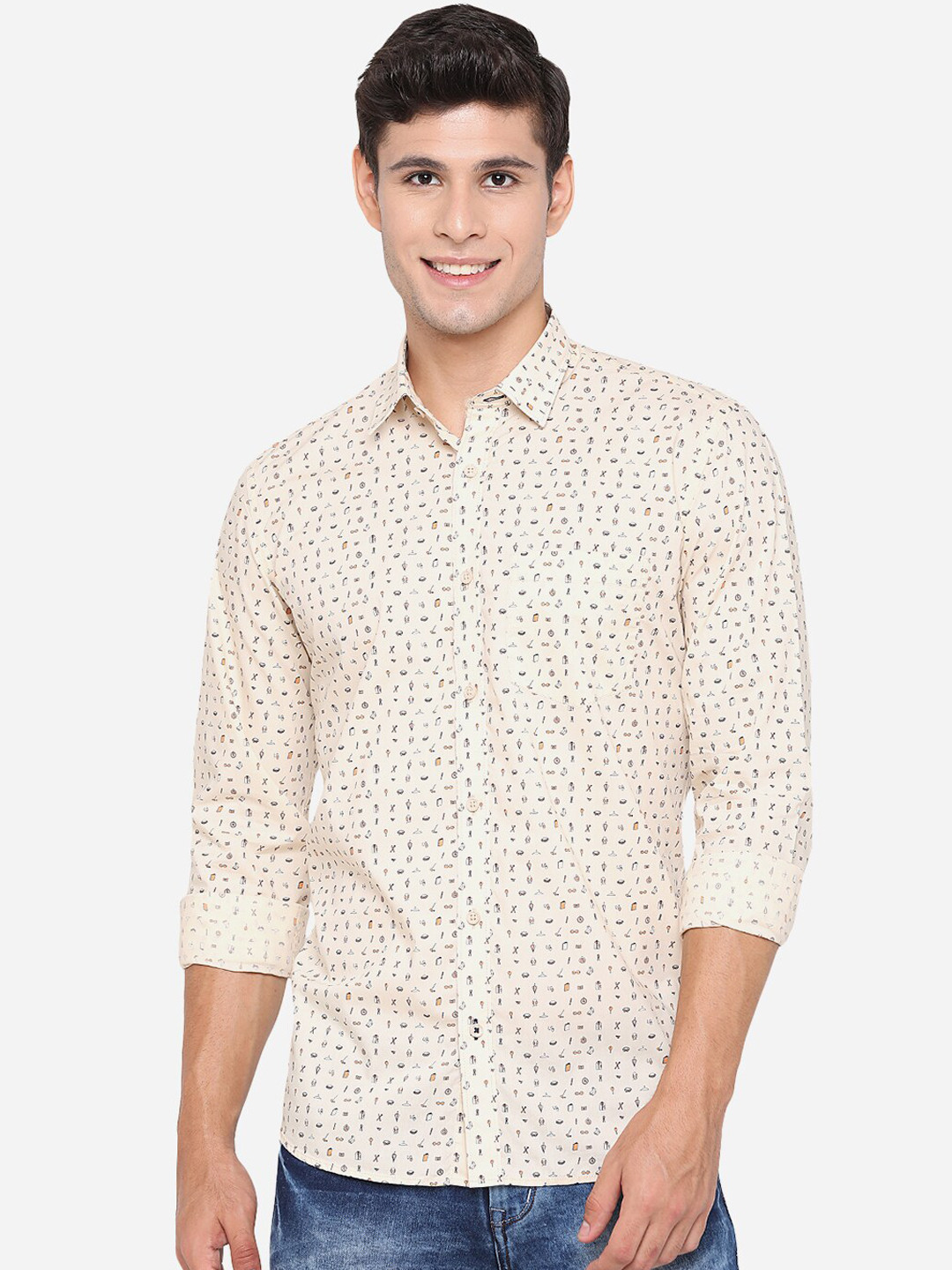 

JADE BLUE Men Off White Slim Fit Opaque Printed Pure Cotton Casual Shirt