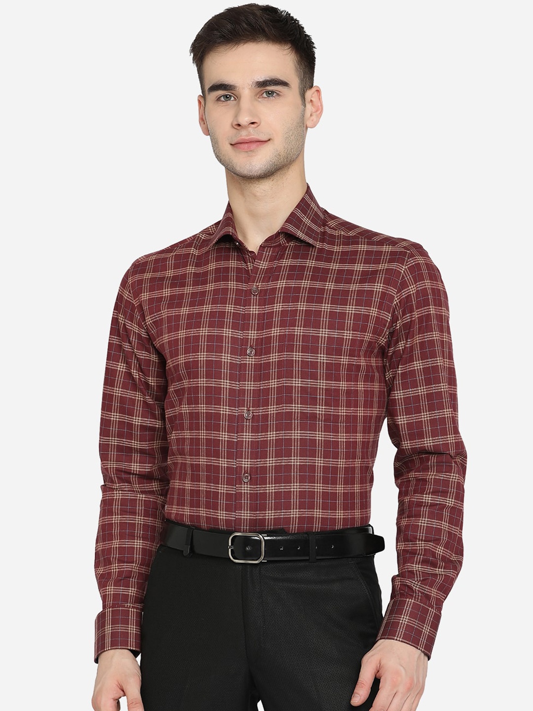 

JADE BLUE Men Maroon & Yellow Slim Fit Tartan Checked Opaque Premium Cotton Formal Shirt