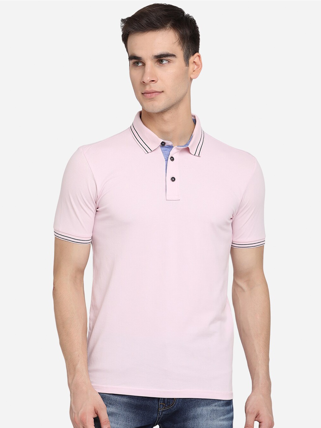 

JADE BLUE Men Pink Polo Collar Slim Fit Pure Cotton T-shirt