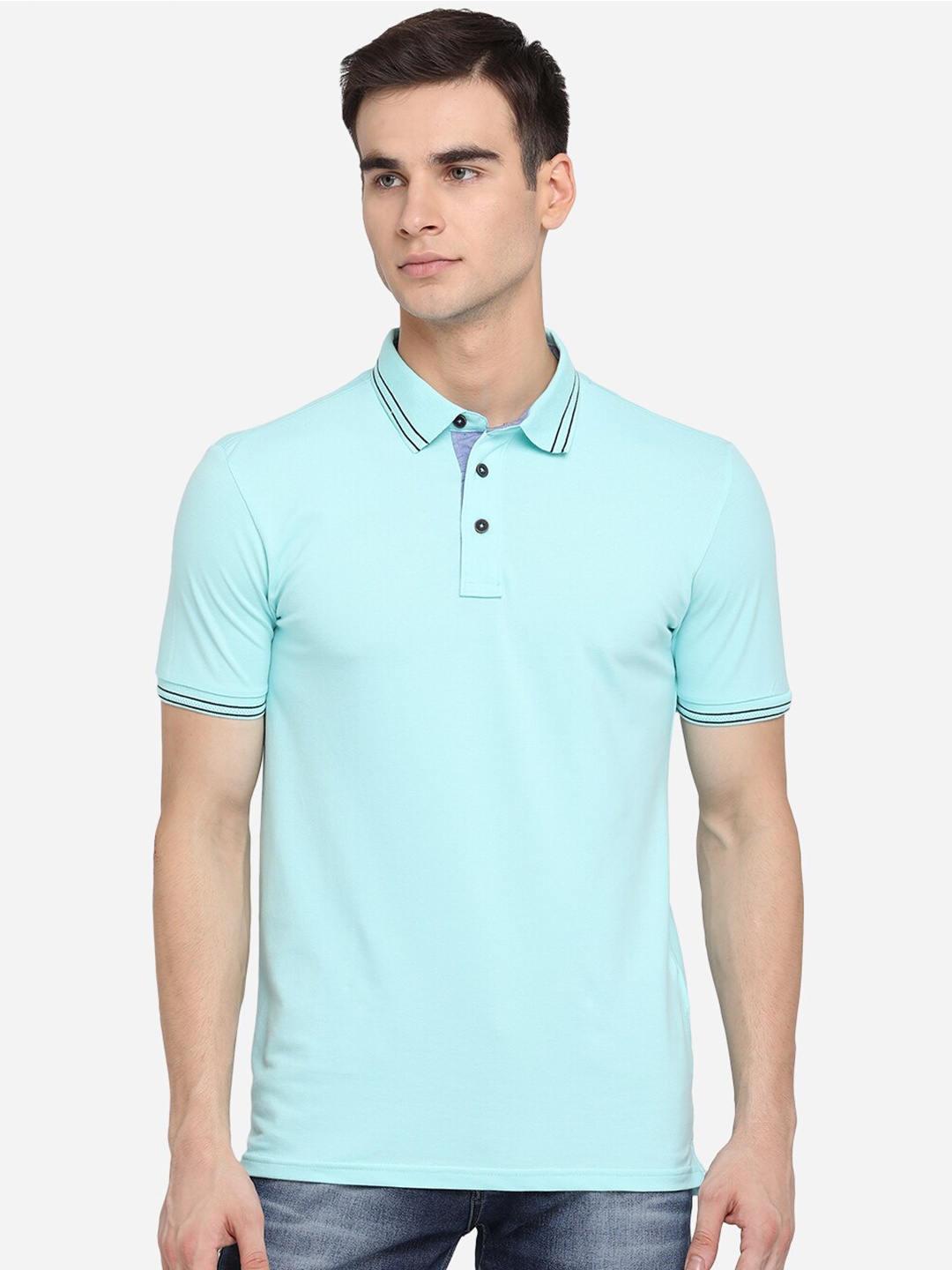 

JADE BLUE Men Sea Green Polo Collar Pure Cotton Slim Fit Pure Cotton T-shirt