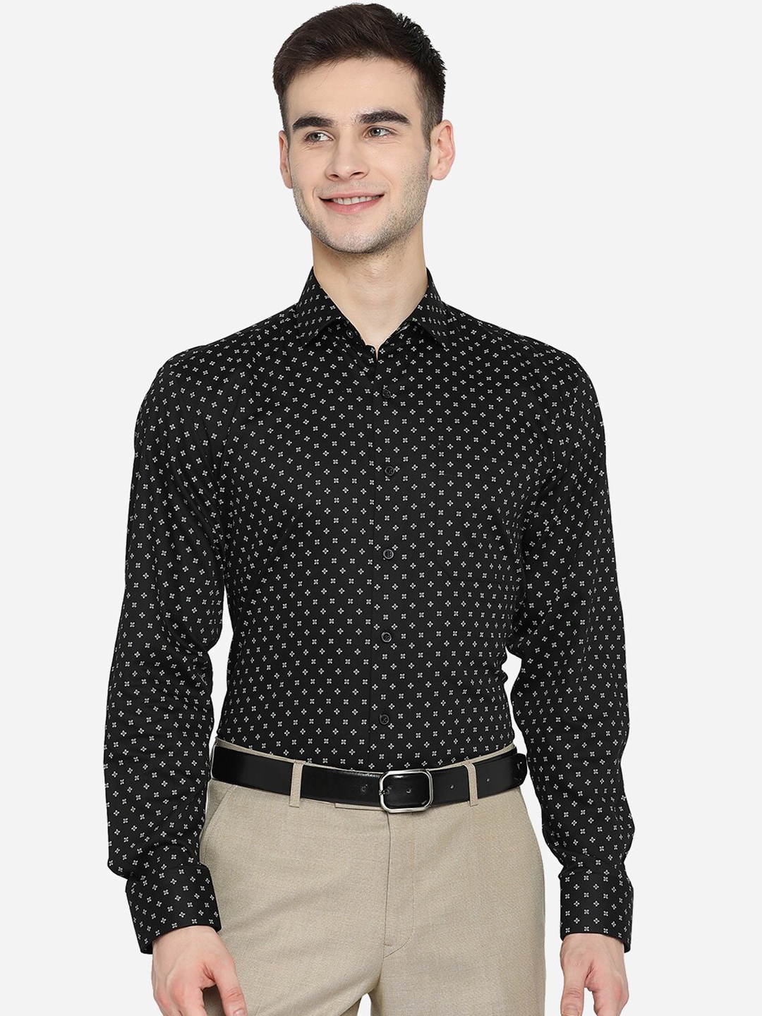 

JADE BLUE Men Black & White Opaque Printed Pure Cotton Formal Shirt
