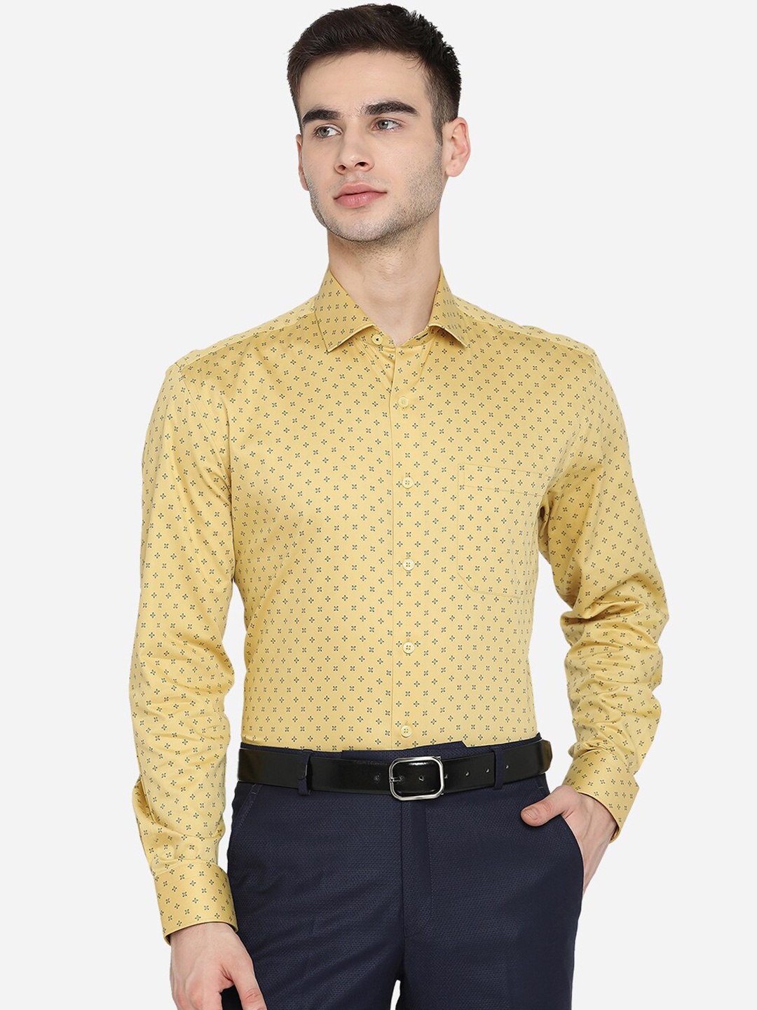 

JADE BLUE Men Yellow Opaque Printed Pure Cotton Formal Shirt