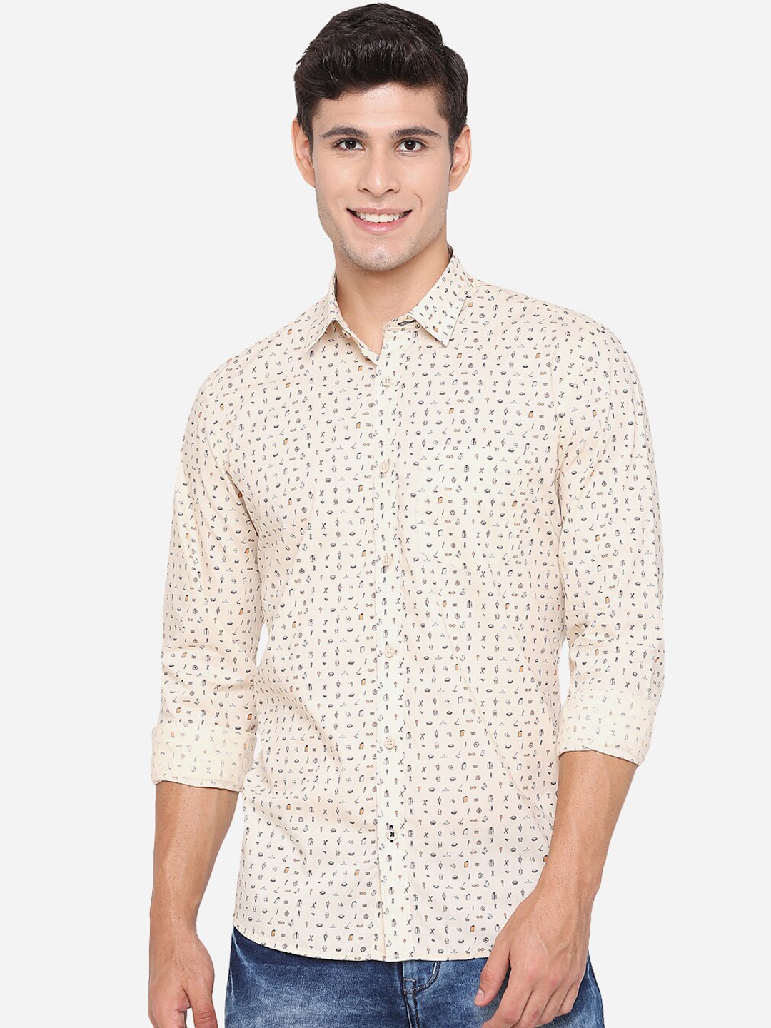 

JADE BLUE Men Off White Slim Fit Opaque Printed Pure Cotton Casual Shirt