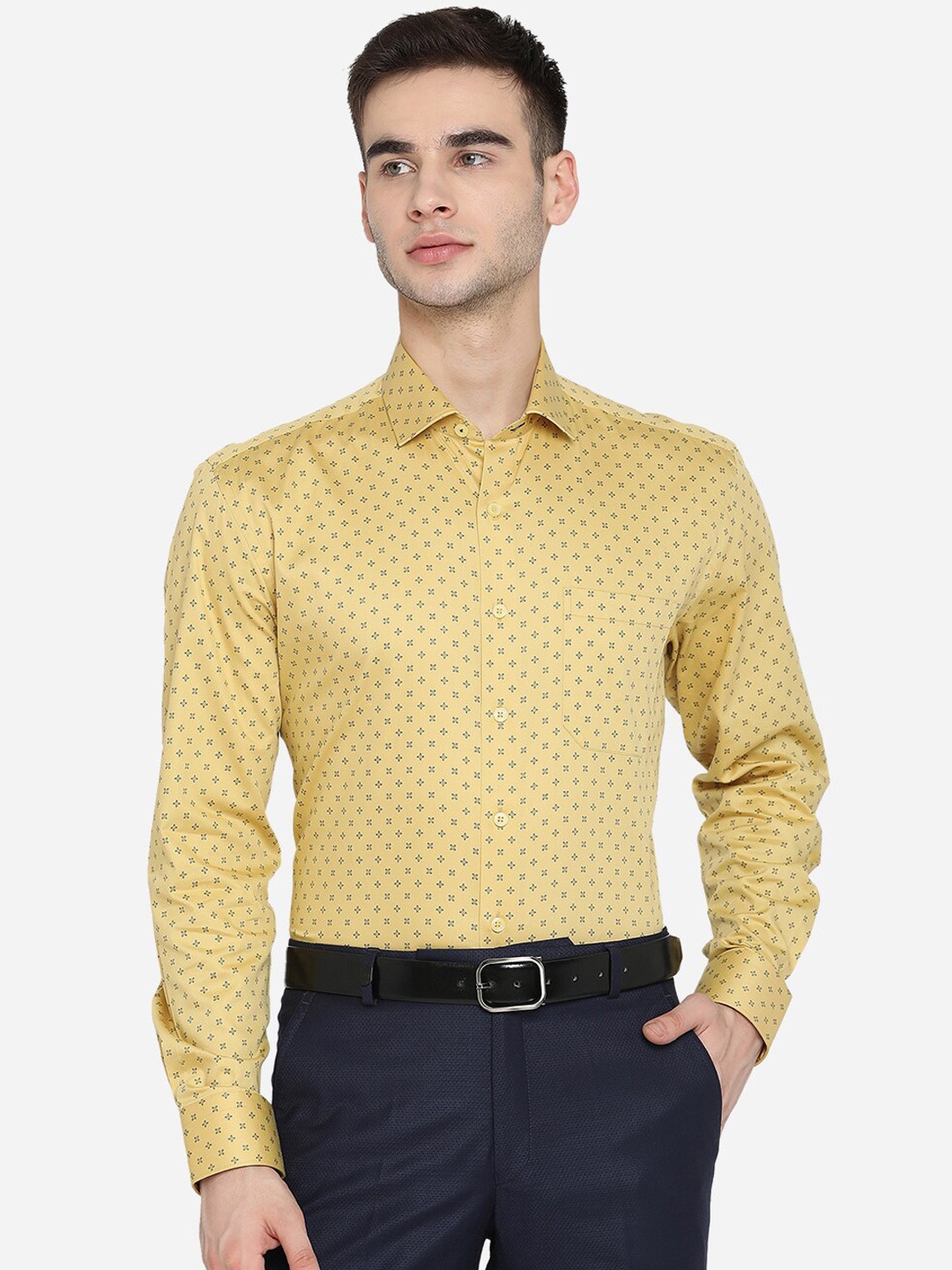 

JADE BLUE Men Yellow & Blue Opaque Printed Pure Cotton Formal Shirt