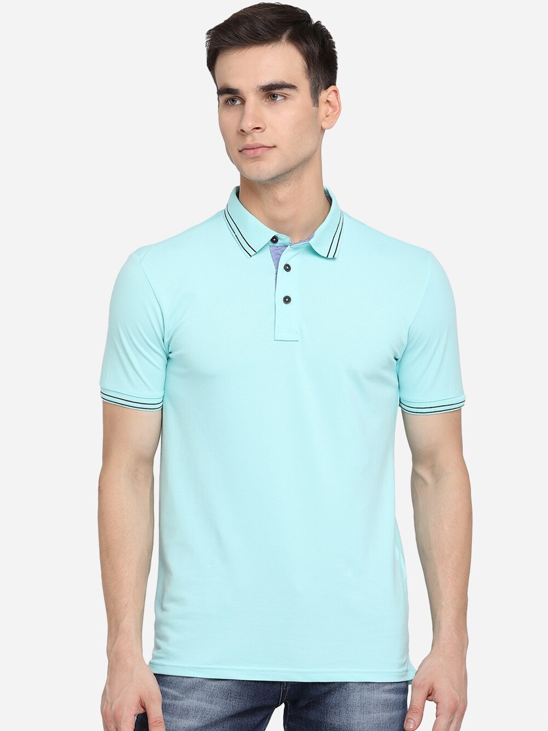 

JADE BLUE Men Sea Green Polo Collar Pure Cotton Slim Fit Pure Cotton T-shirt