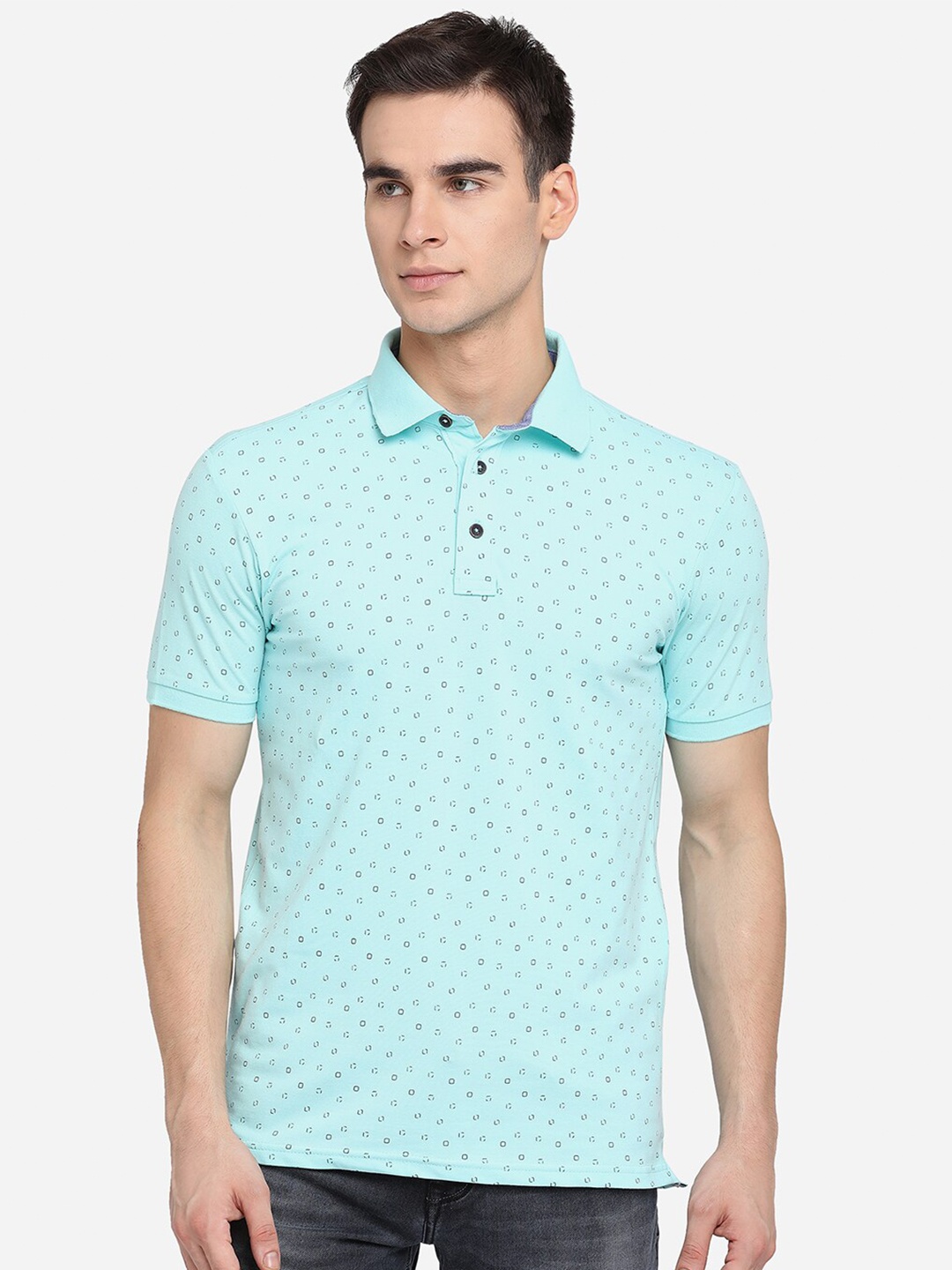 

JADE BLUE Men Sea Green Printed Polo Collar Pure Cotton Slim Fit Pure Cotton T-shirt