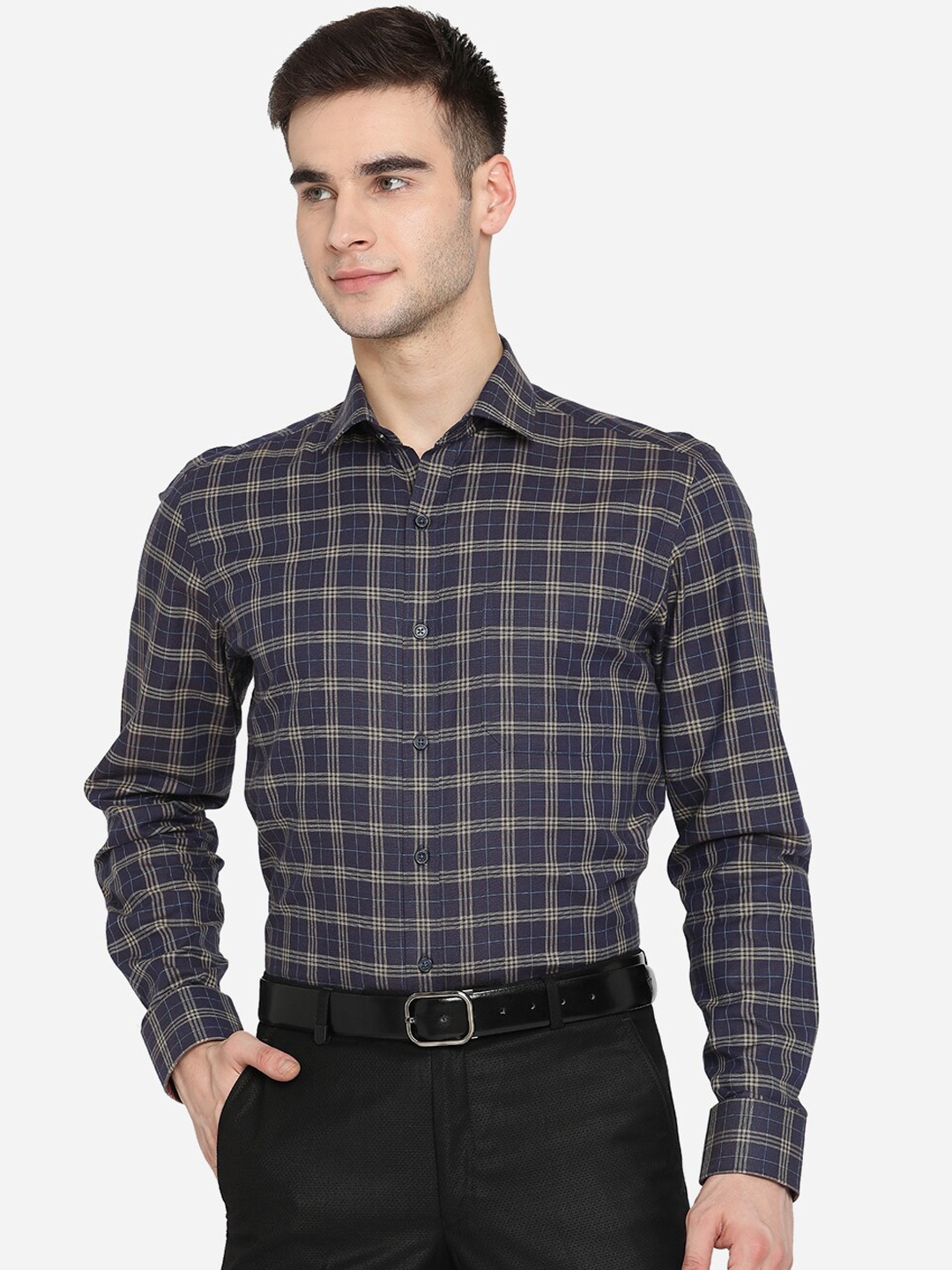 

JADE BLUE Men Navy Blue Slim Fit Opaque Premium Cotton Checked Formal Shirt
