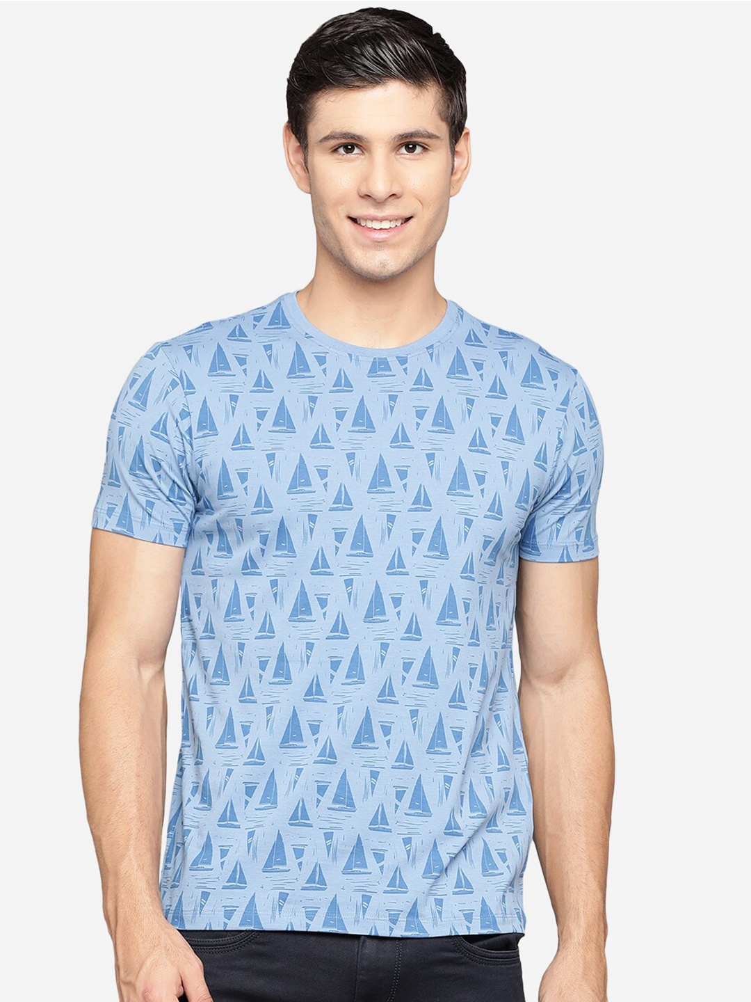 

JADE BLUE Men Blue Printed Pure Cotton Slim Fit Pure Cotton T-shirt
