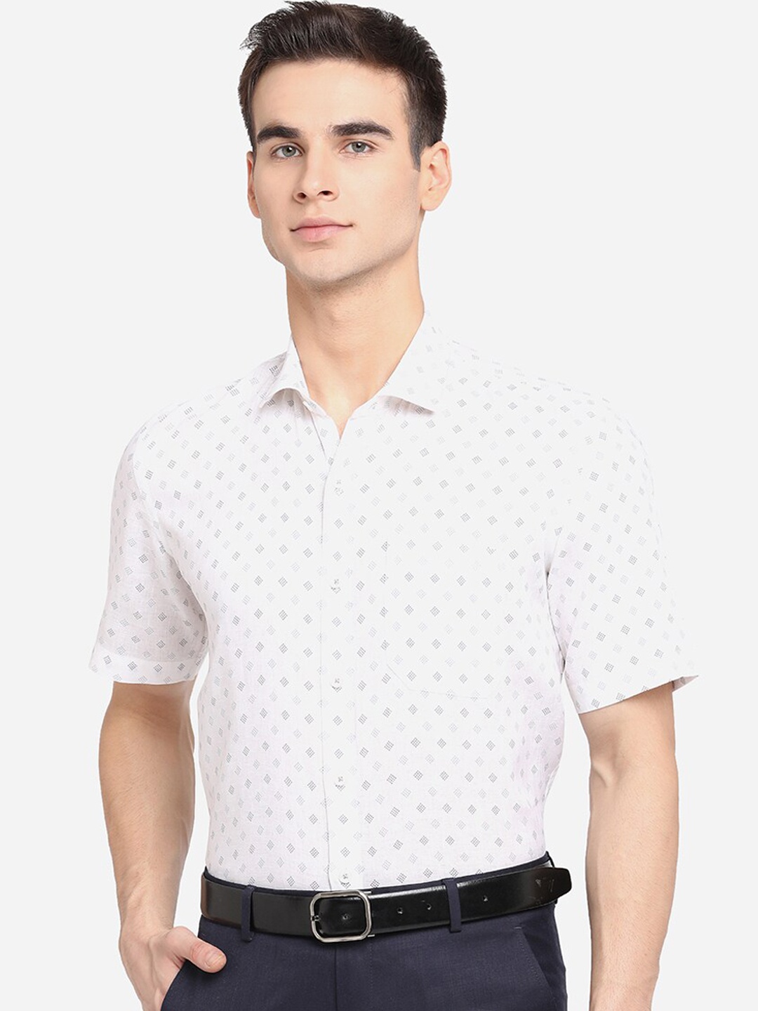 

JADE BLUE Men White Opaque Linen Printed Formal Shirt