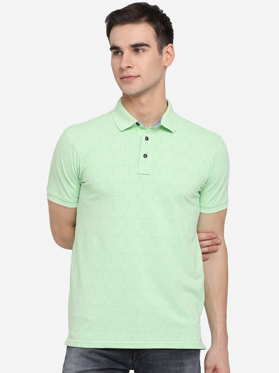 

JADE BLUE Men Sea Green Printed Polo Collar Slim Fit Pure Cotton T-shirt