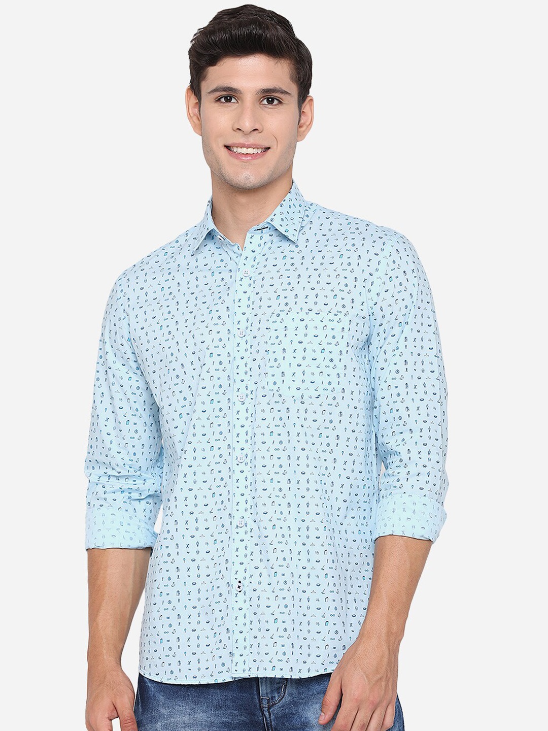 

JADE BLUE Men Blue Slim Fit Opaque Pure Cotton Printed Casual Shirt