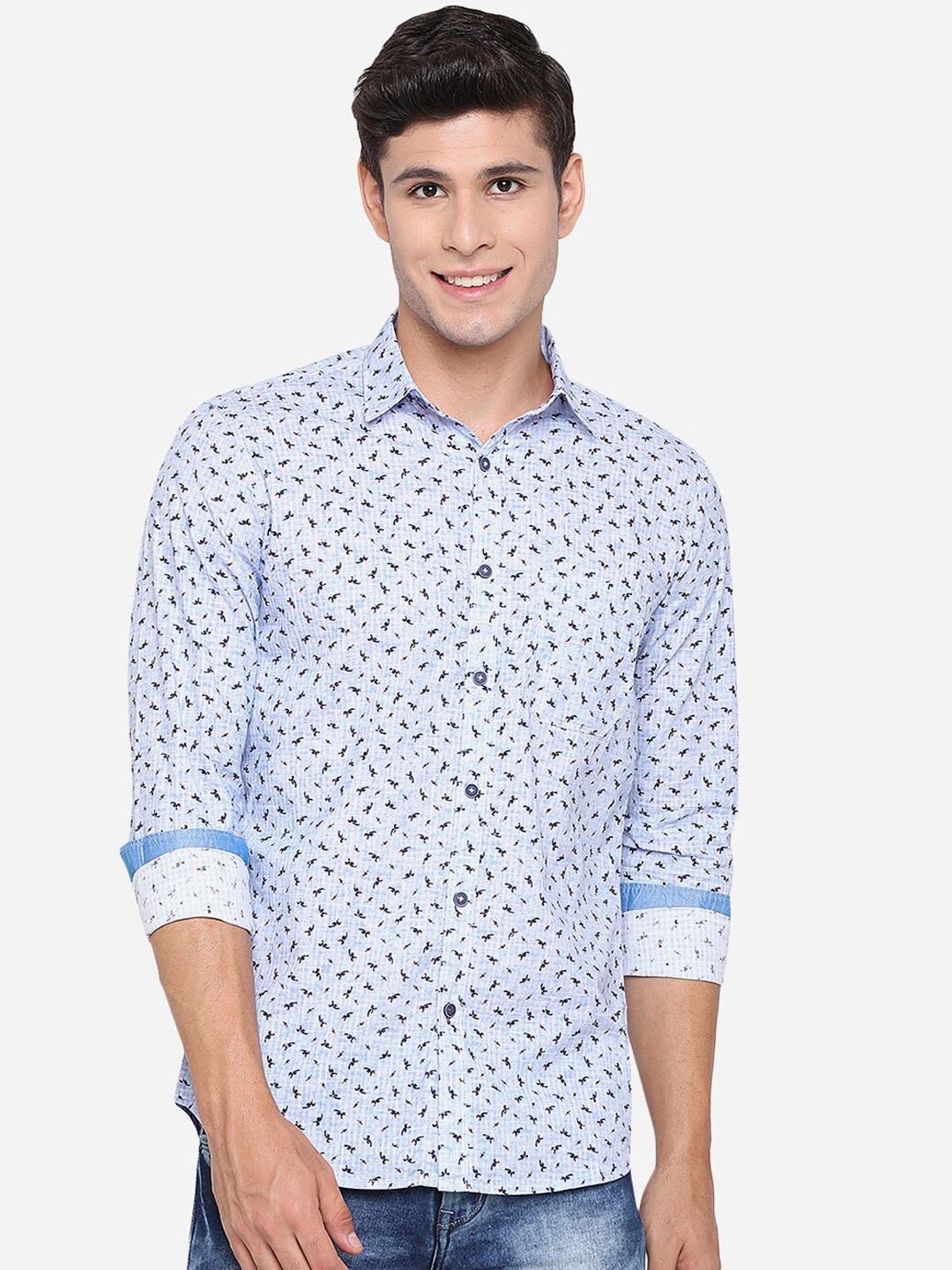 

JADE BLUE Men Blue Slim Fit Floral Opaque Pure Cotton Printed Casual Shirt
