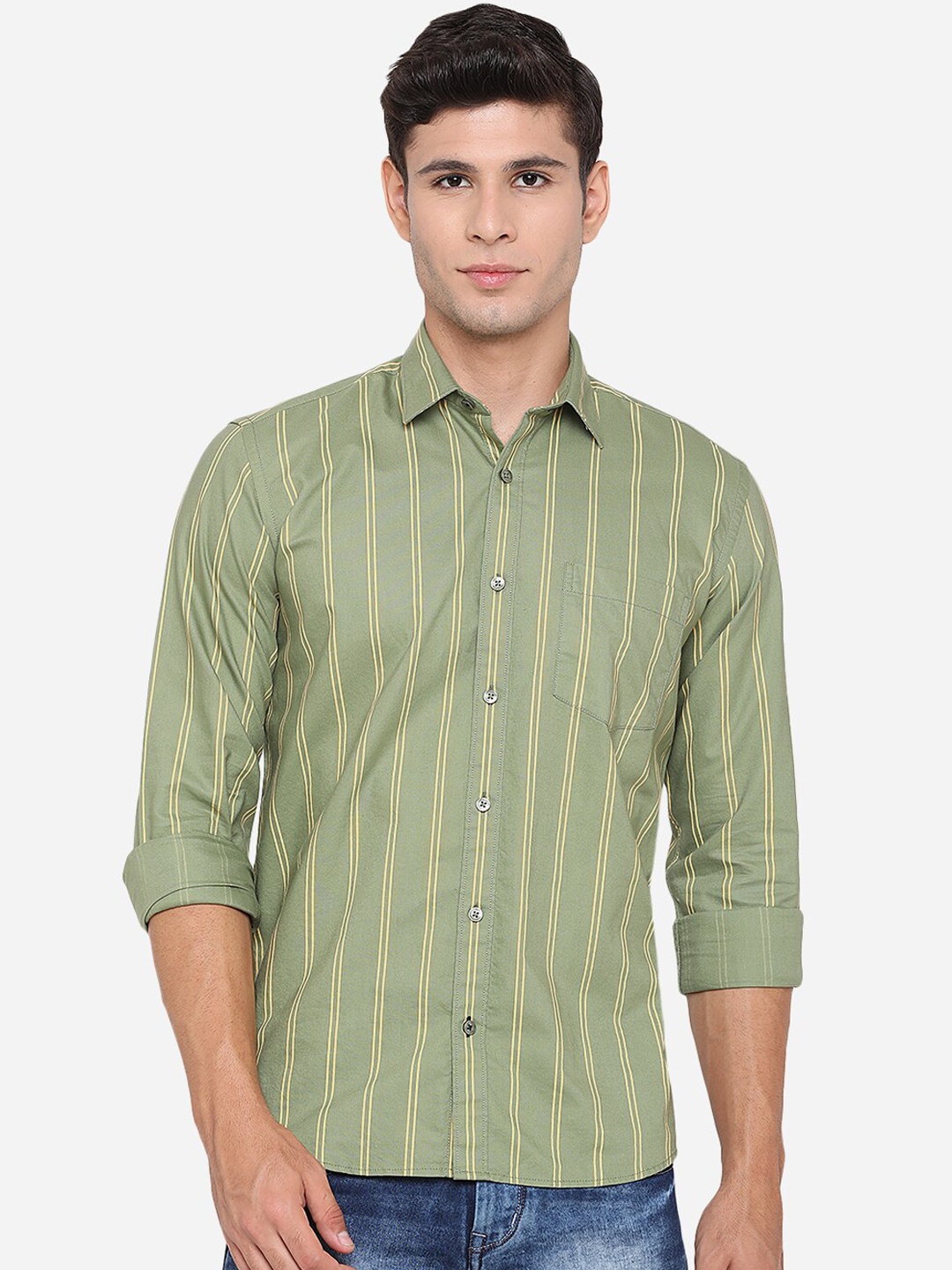 

JADE BLUE Men Green Slim Fit Pure Cotton Striped Casual Shirt