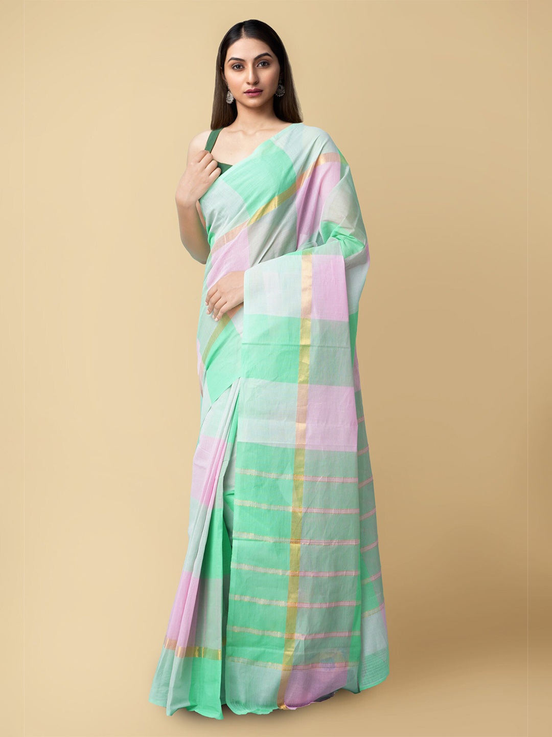

Unnati Silks Green & Pink Woven Design Zari Pure Cotton Mangalagiri Saree