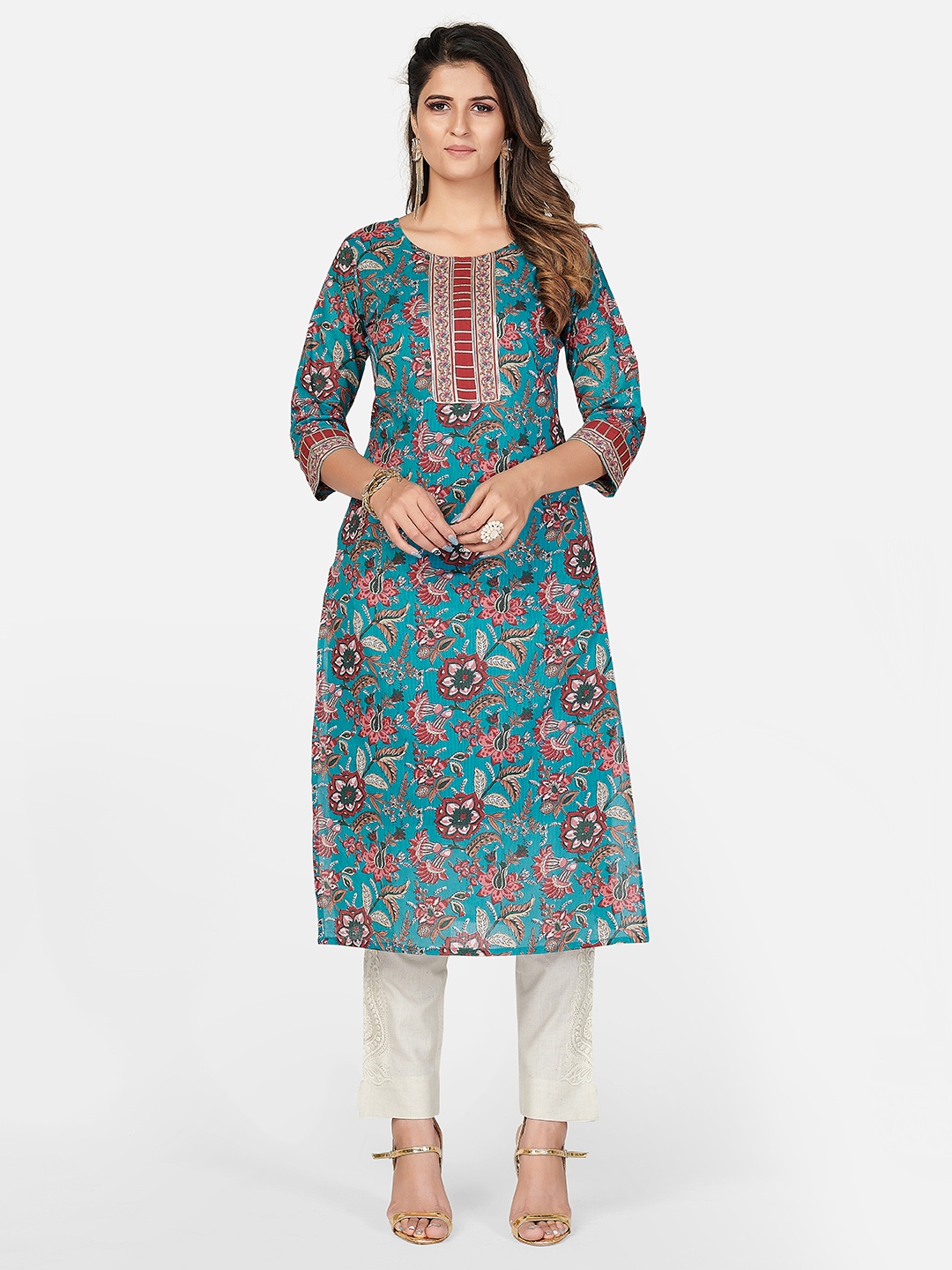 

Vbuyz Women Teal & Red Floral Printed Kurta