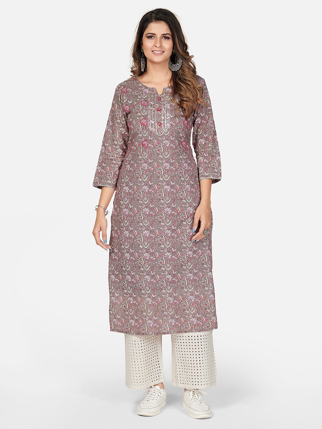 

Vbuyz Women Grey & Pink Floral Printed Kurta