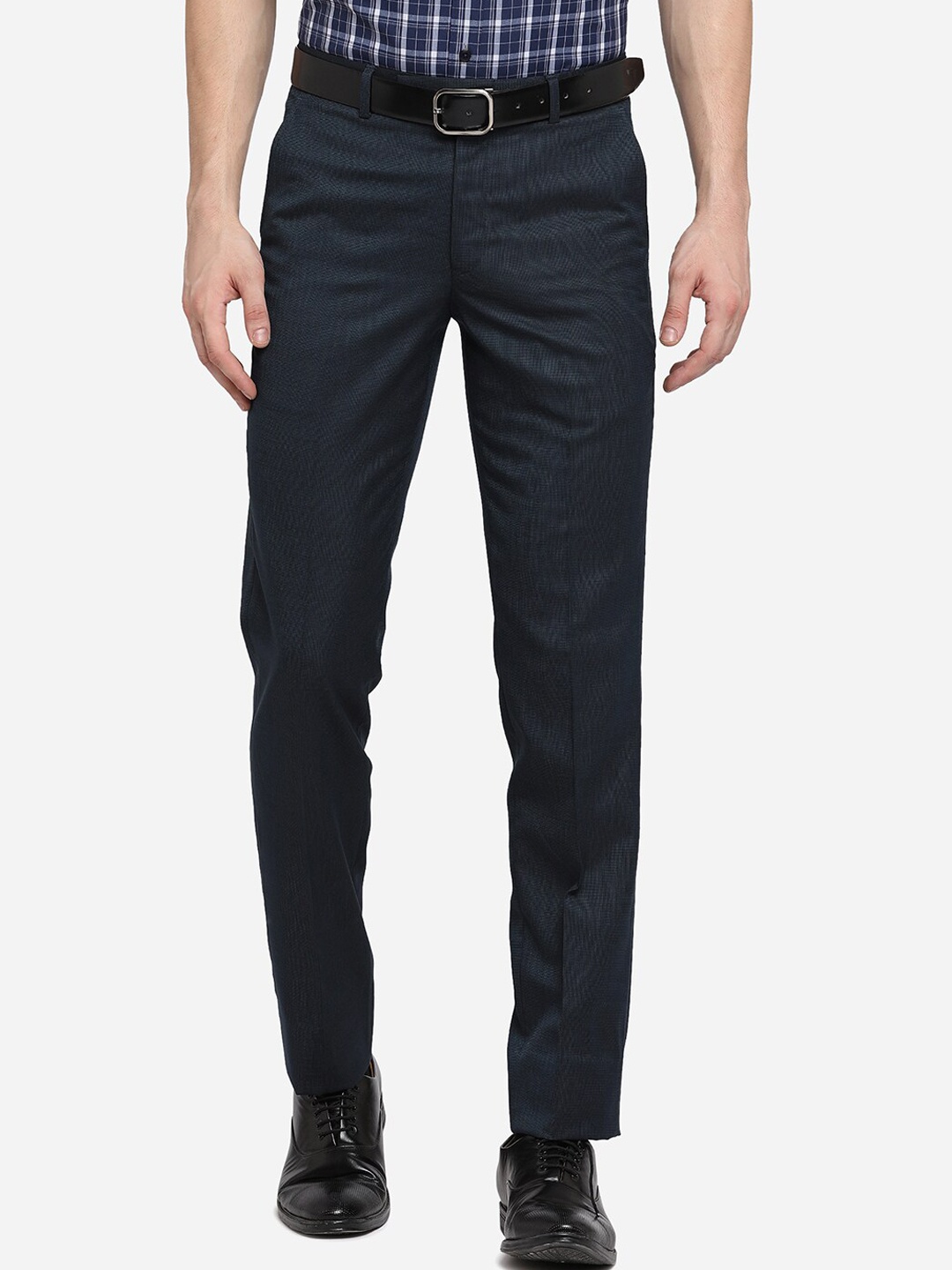 

METAL Men Navy Blue Textured Slim Fit Formal Trousers