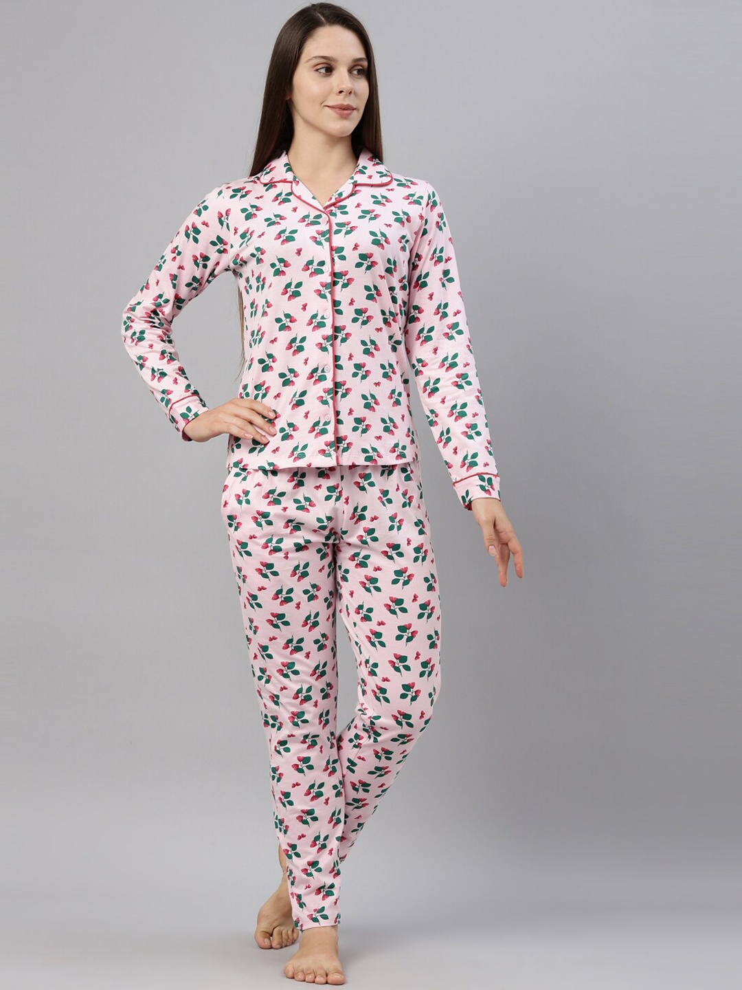 

Curare Women Pink & Green Floral Printed Pure Cotton Night Suit