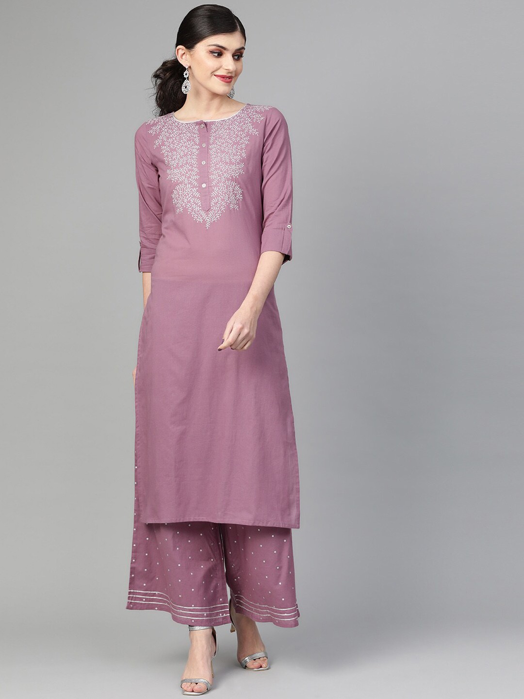 

Varanga Women Mauve Floral Embroidered Pure Cotton Kurta with Palazzos