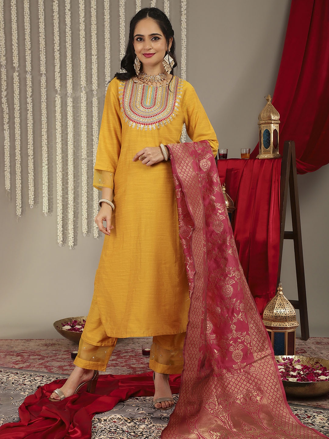 

Varanga Mustard Yellow Ethnic Motifs Embroidered Kurta with Palazzos & With Dupatta