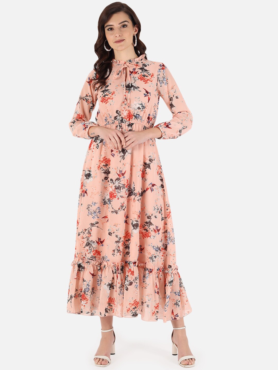 

Trend Arrest Peach-Coloured Floral Tie-Up Neck Georgette Maxi Dress