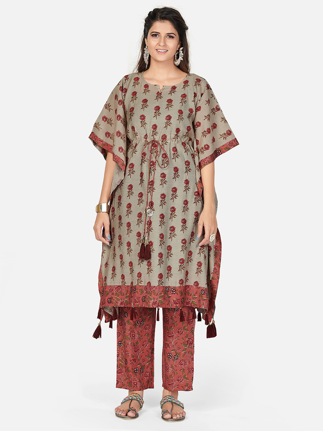 

Vbuyz Women Coral Floral Printed Kaftan Chanderi Cotton Kurta with Trousers