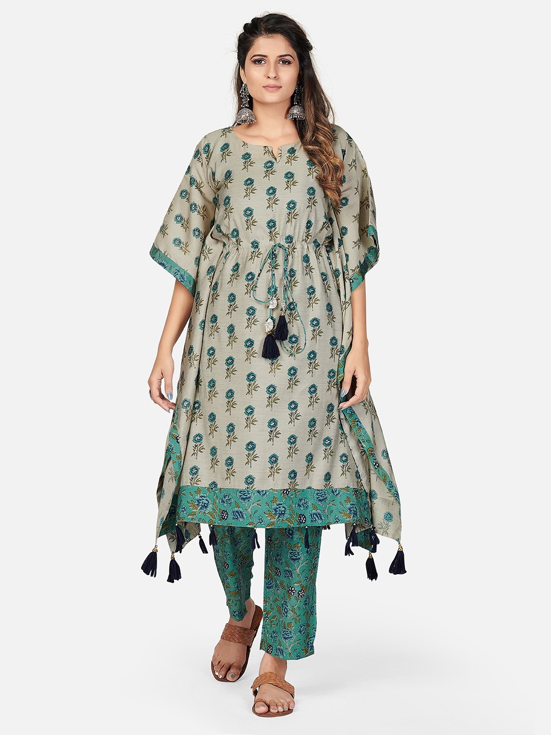 

Vbuyz Women Turquoise Blue Floral Printed Kaftan Chanderi Cotton Kurta with Trousers