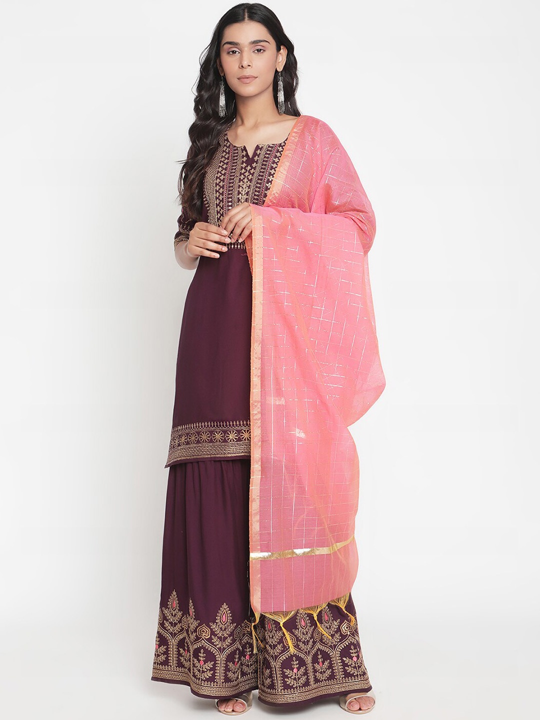

Sangria Women Purple Ethnic Motifs Embroidered Regular Kurta with Sharara