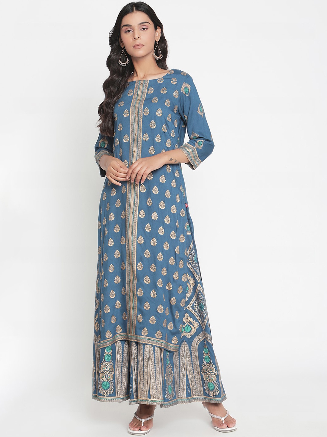 

Ramas Women Green Ethnic Motifs Printed Regular Kurta with Skirt