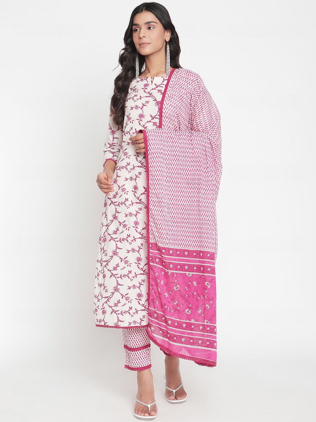 

Ramas Women Pink Floral Printed Pure Cotton Kurta with Trousers & With Dupatta