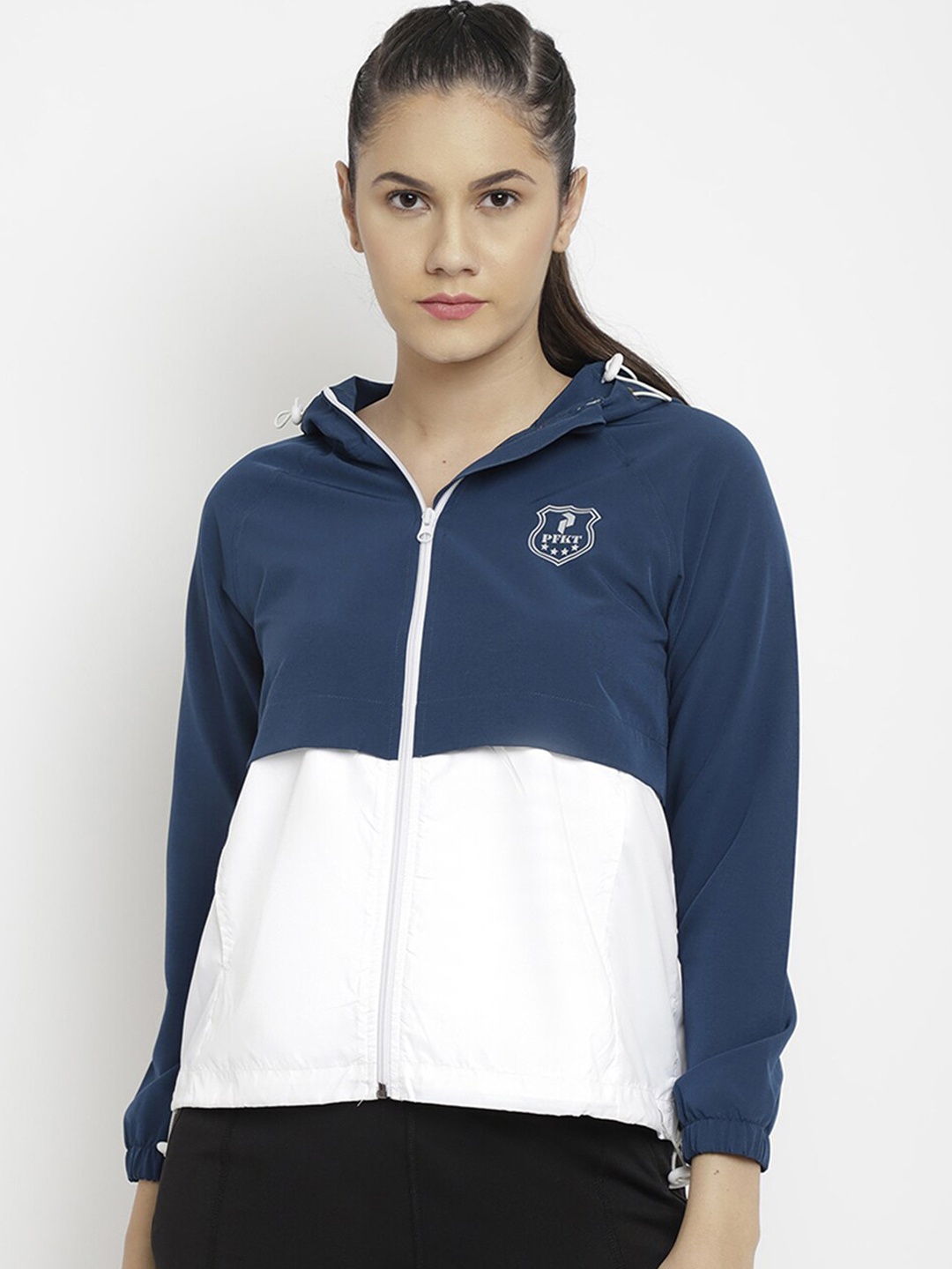 

PERFKT-U Men Blue White Colourblocked Windcheater Sporty Jacket