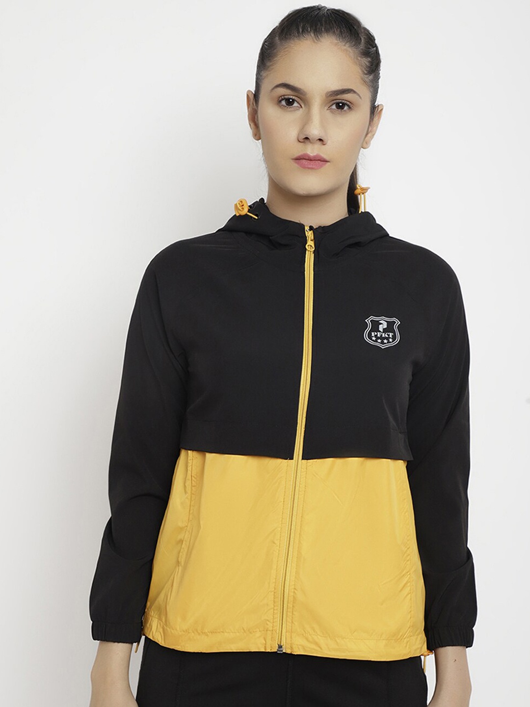 

PERFKT-U Men Black Yellow Colourblocked Windcheater Antimicrobial Running Sporty Jacket