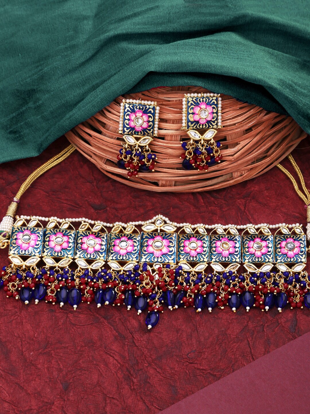 

Yellow Chimes Blue Beads Kundan Embellished Meenakari Handcrafted Jewellery Set